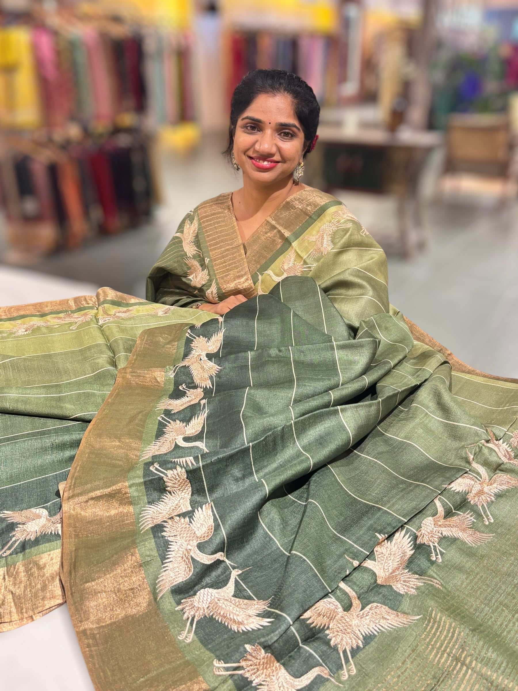 Tussar Rangkaat Saree With Crane Bird  Embroidered Border