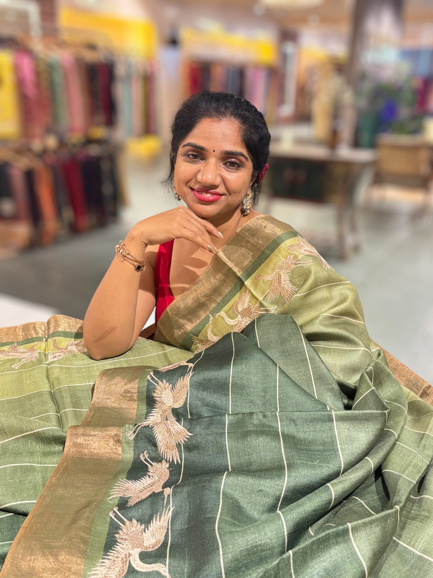 Tussar Rangkaat Saree With Crane Bird  Embroidered Border