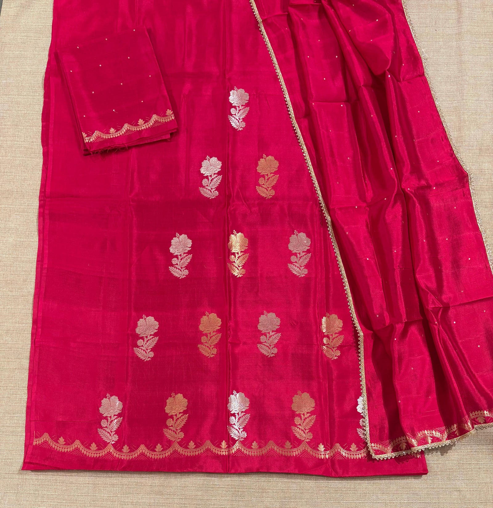 Reddish pink- Pure handloom Poona 3pc suit set