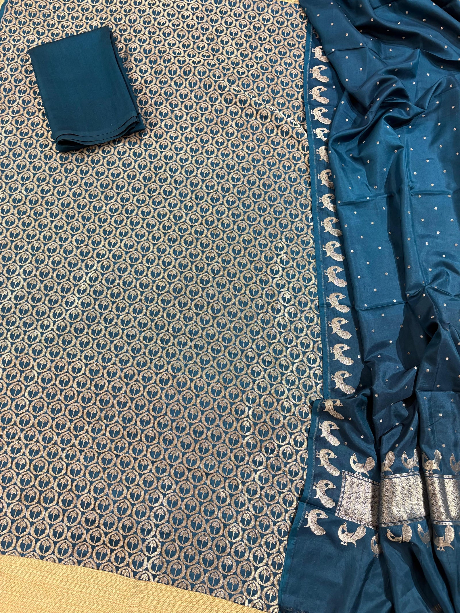 Peacock Blue Designer Katan silk brocade Suit set