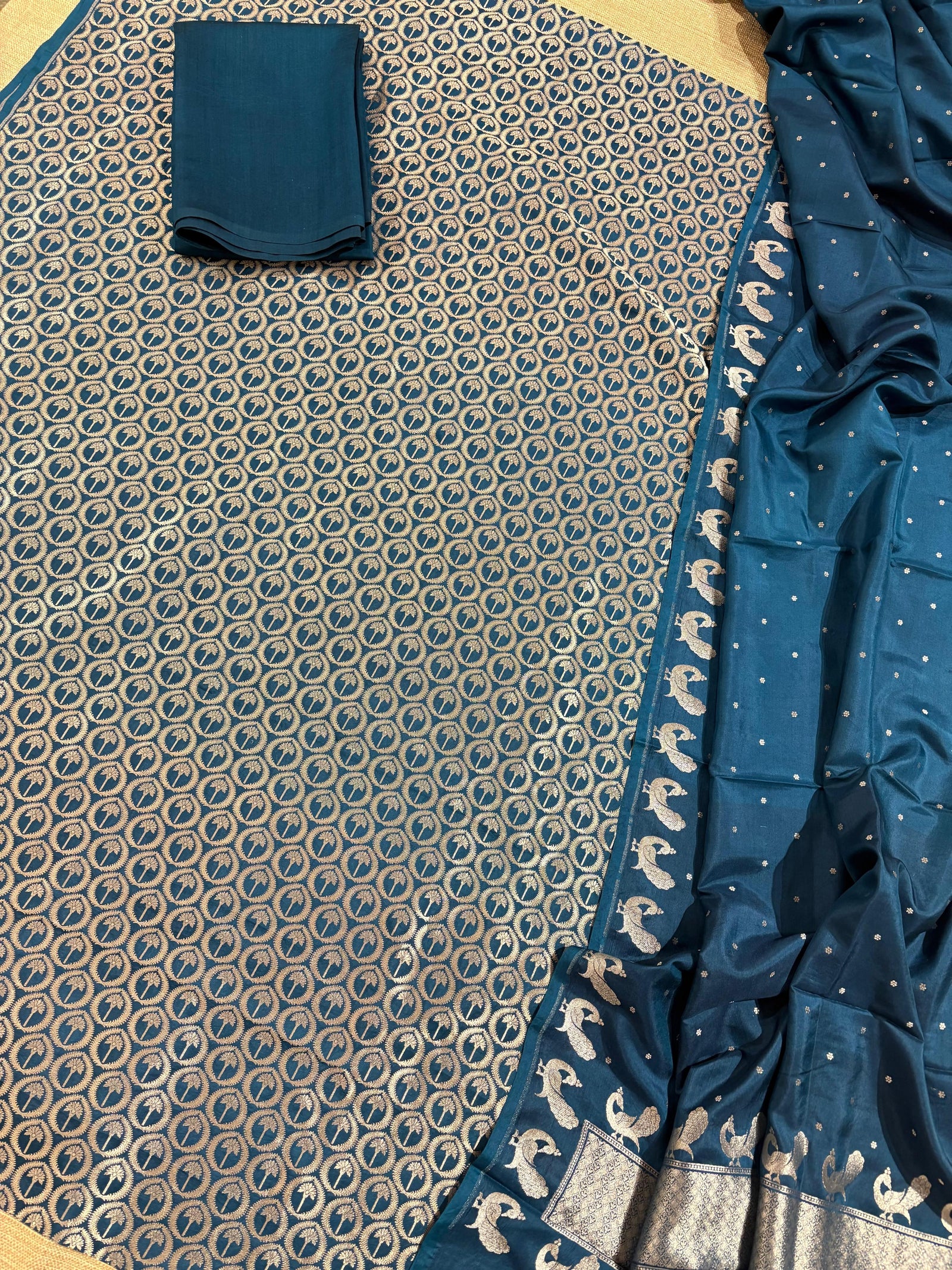 Peacock Blue Designer Katan silk brocade Suit set