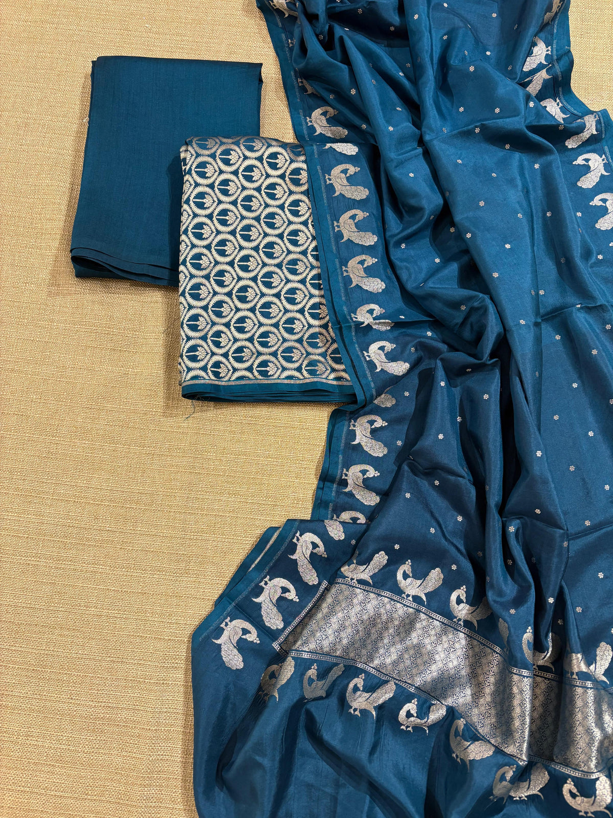 Peacock Blue Designer Katan silk brocade Suit set