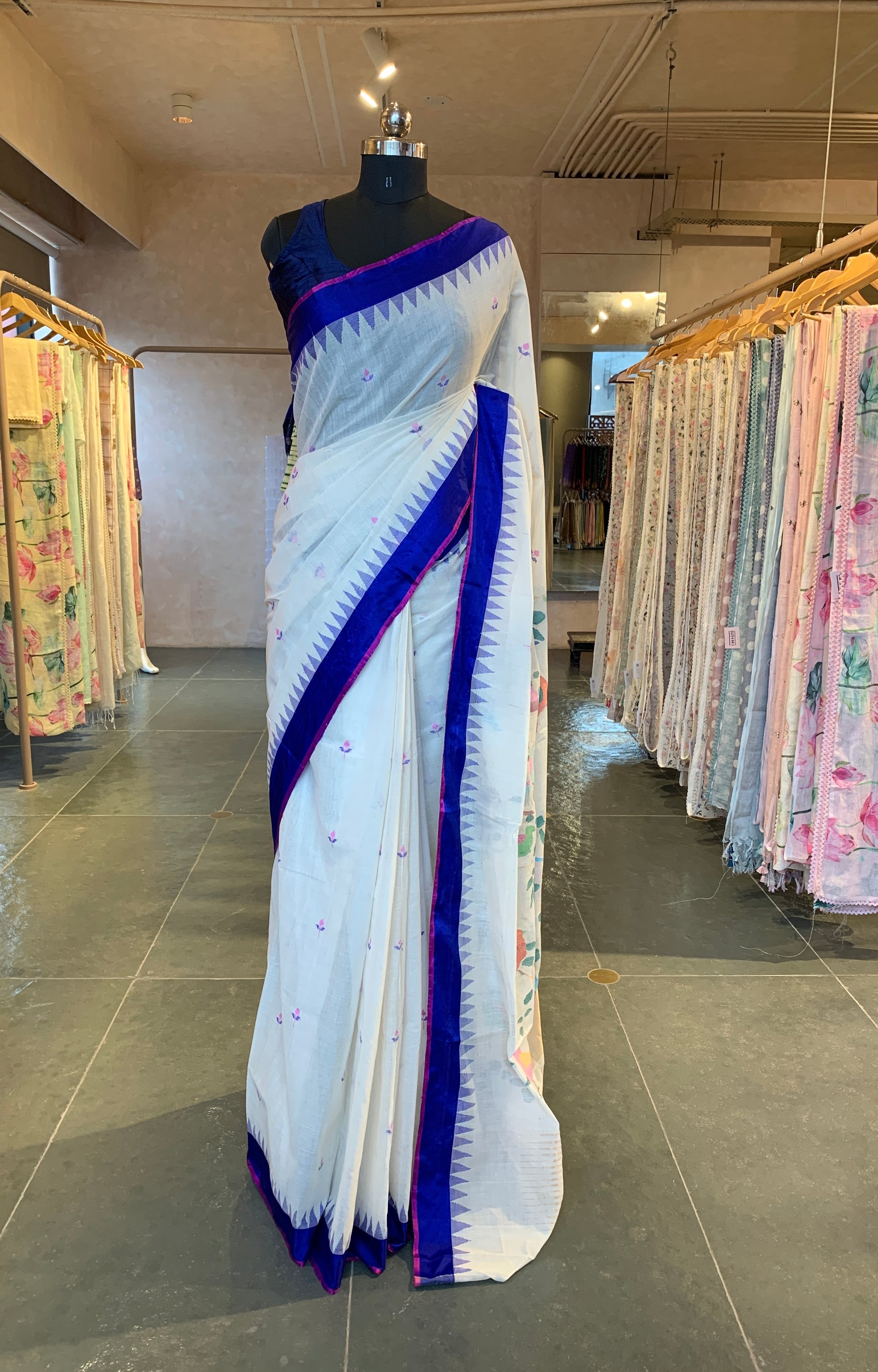 Ivory Ponduru Khadi Saree with Royal Blue Temple Border & Jamdani Bird Pallu