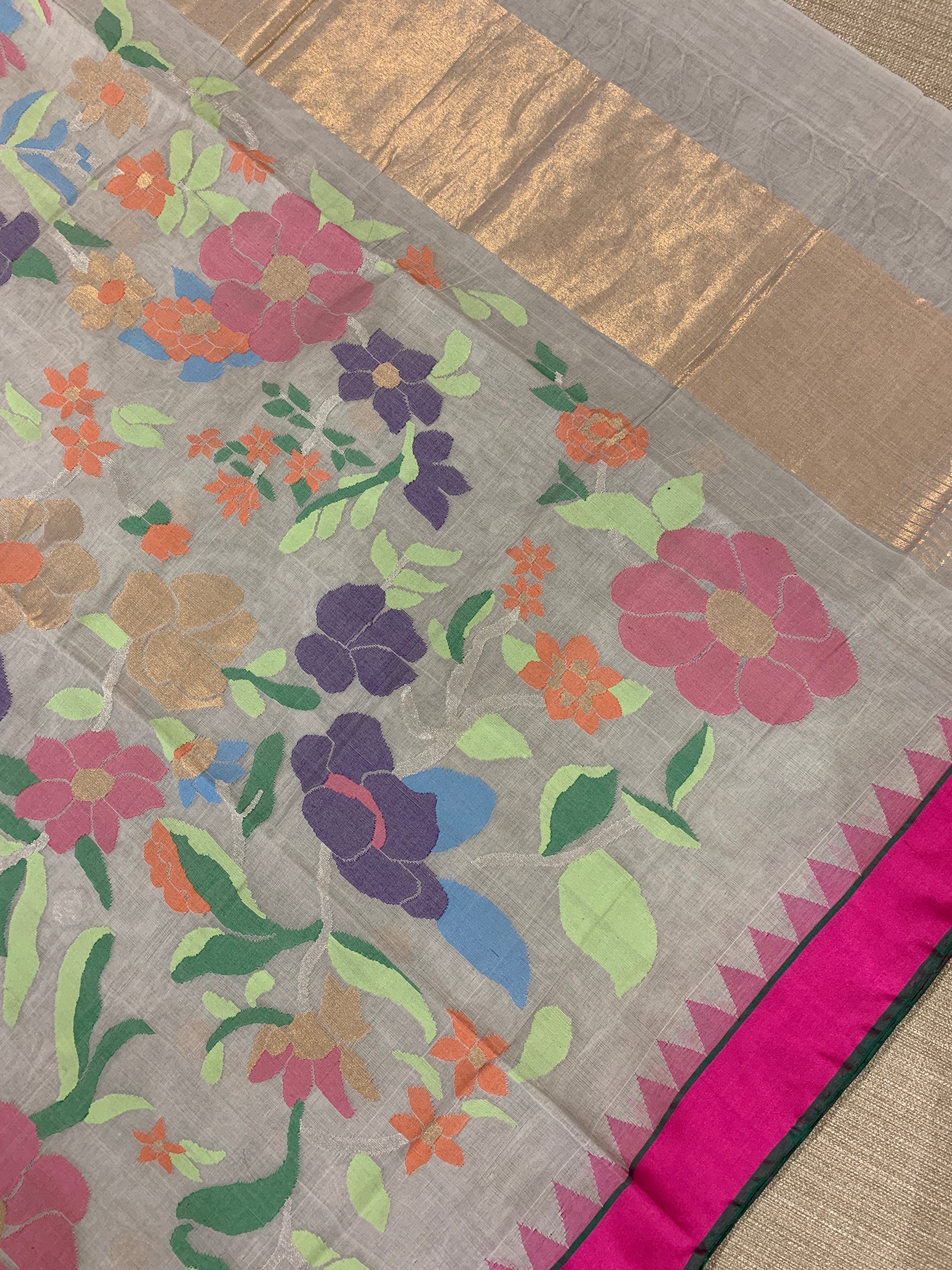 Light Grey Ponduru Khadi Saree with Dollar Buta, Rani Pink Temple Border & Jamda