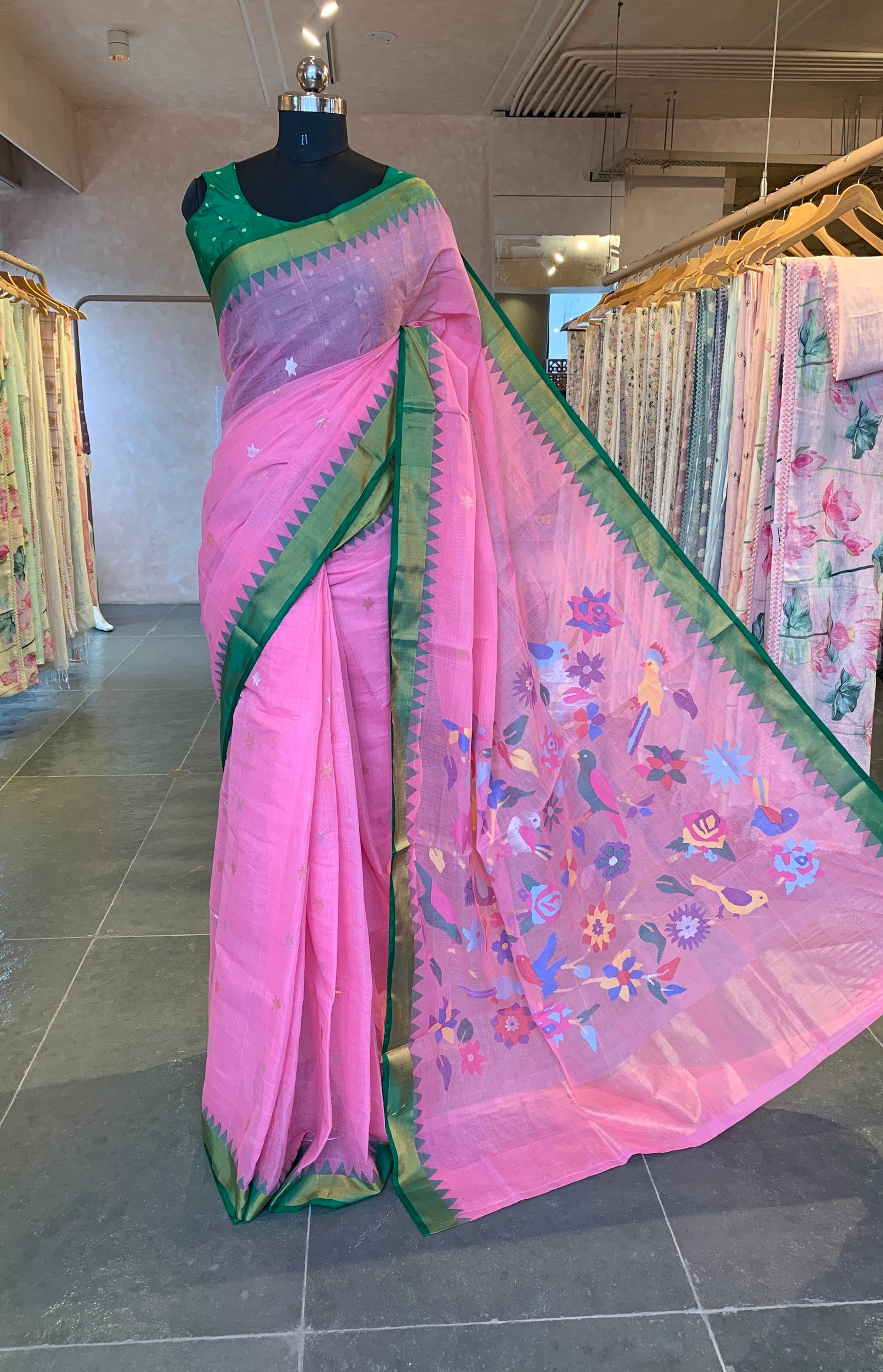 Handwoven Ponduru Khadi Saree in Blush Pink with Floral Accents and Green Border