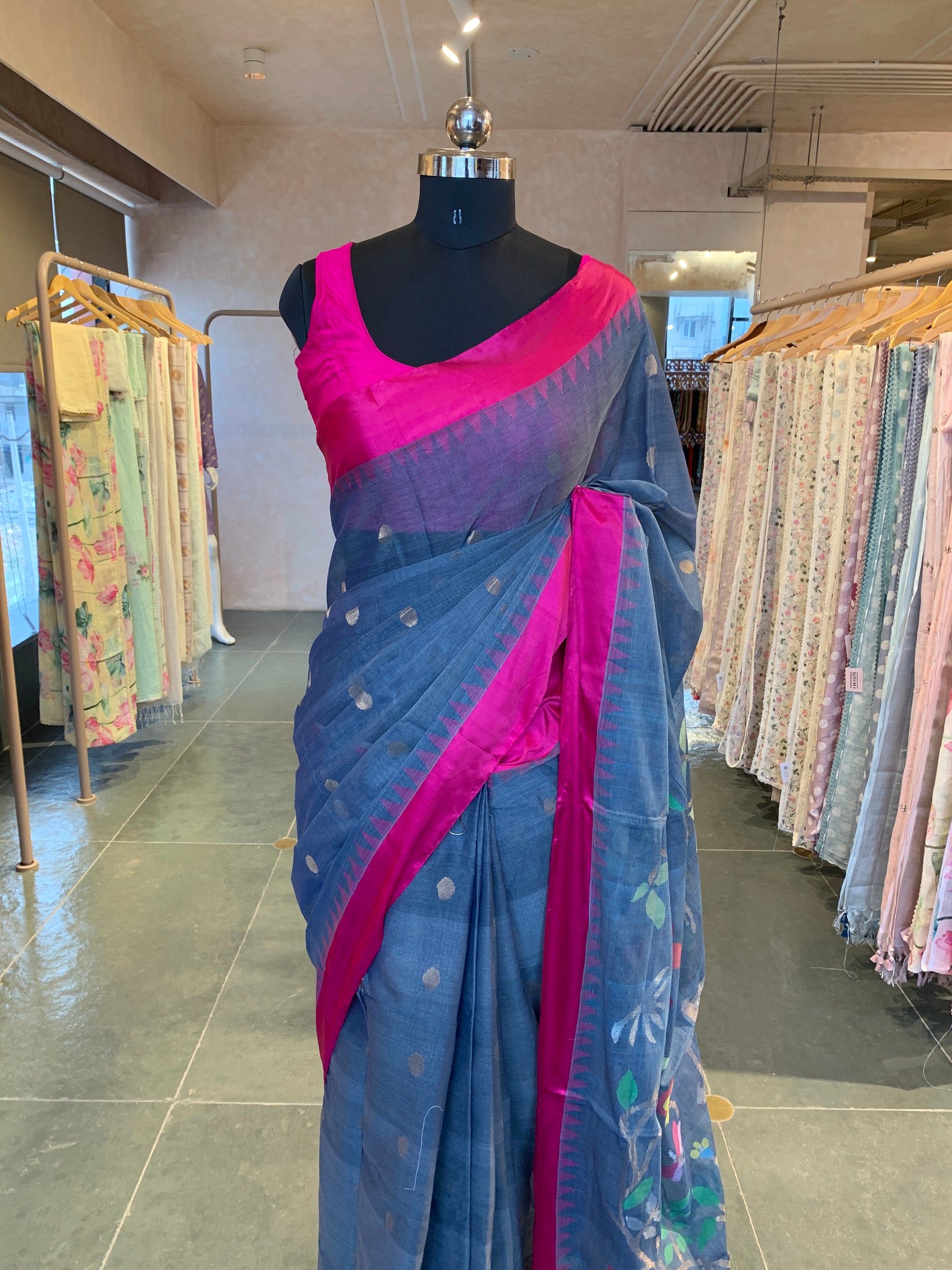 Grey Ponduru Khadi Saree with Pink Silk Temple Border & Jamdani Pallu