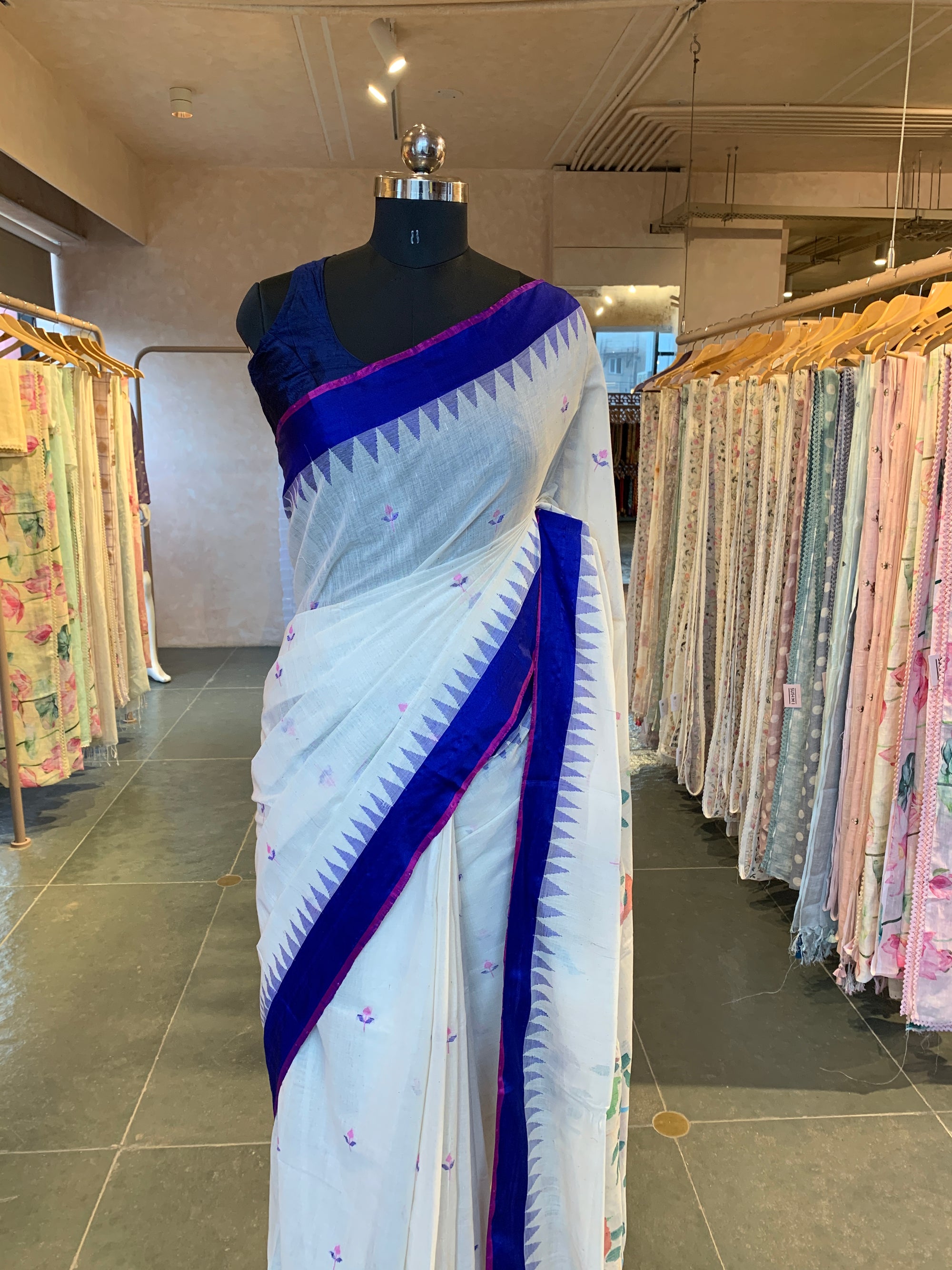 Ivory Ponduru Khadi Saree with Royal Blue Temple Border & Jamdani Bird Pallu