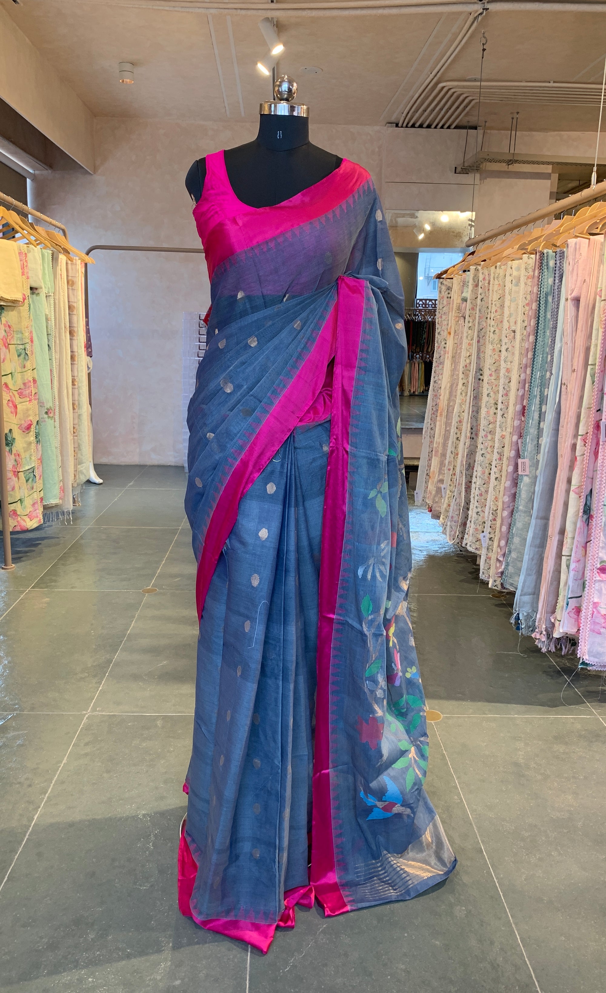 Grey Ponduru Khadi Saree with Pink Silk Temple Border & Jamdani Pallu