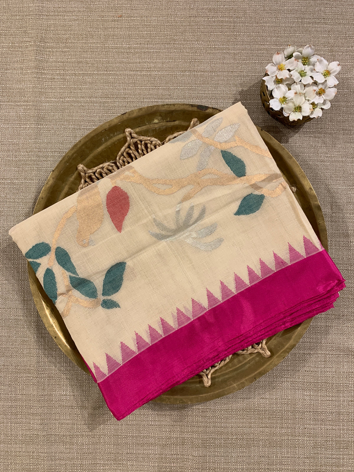 Beige Ponduru Khadi Saree with Rani Pink Temple Silk Border & Jamdani Bird Pallu