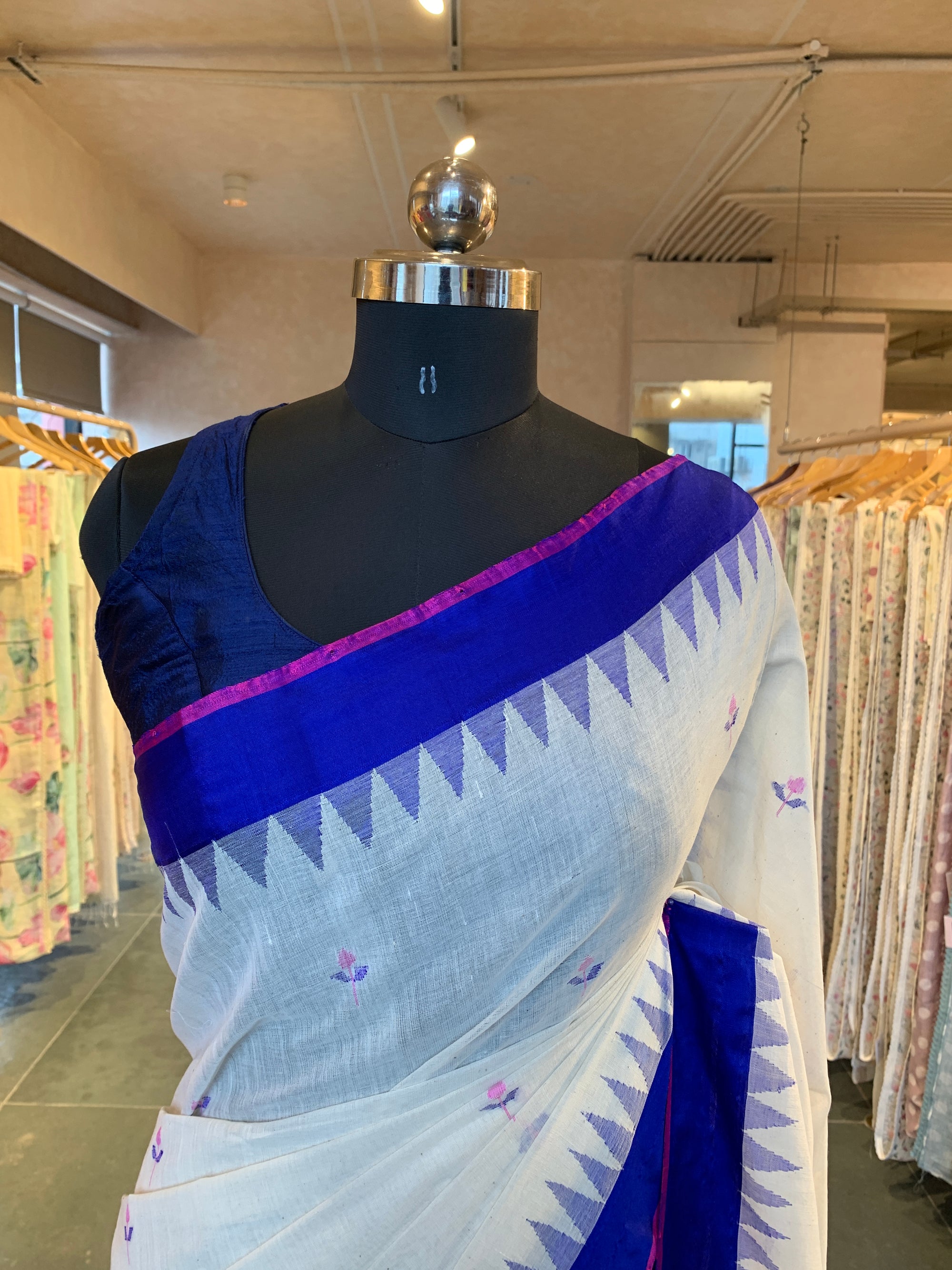 Ivory Ponduru Khadi Saree with Royal Blue Temple Border & Jamdani Bird Pallu