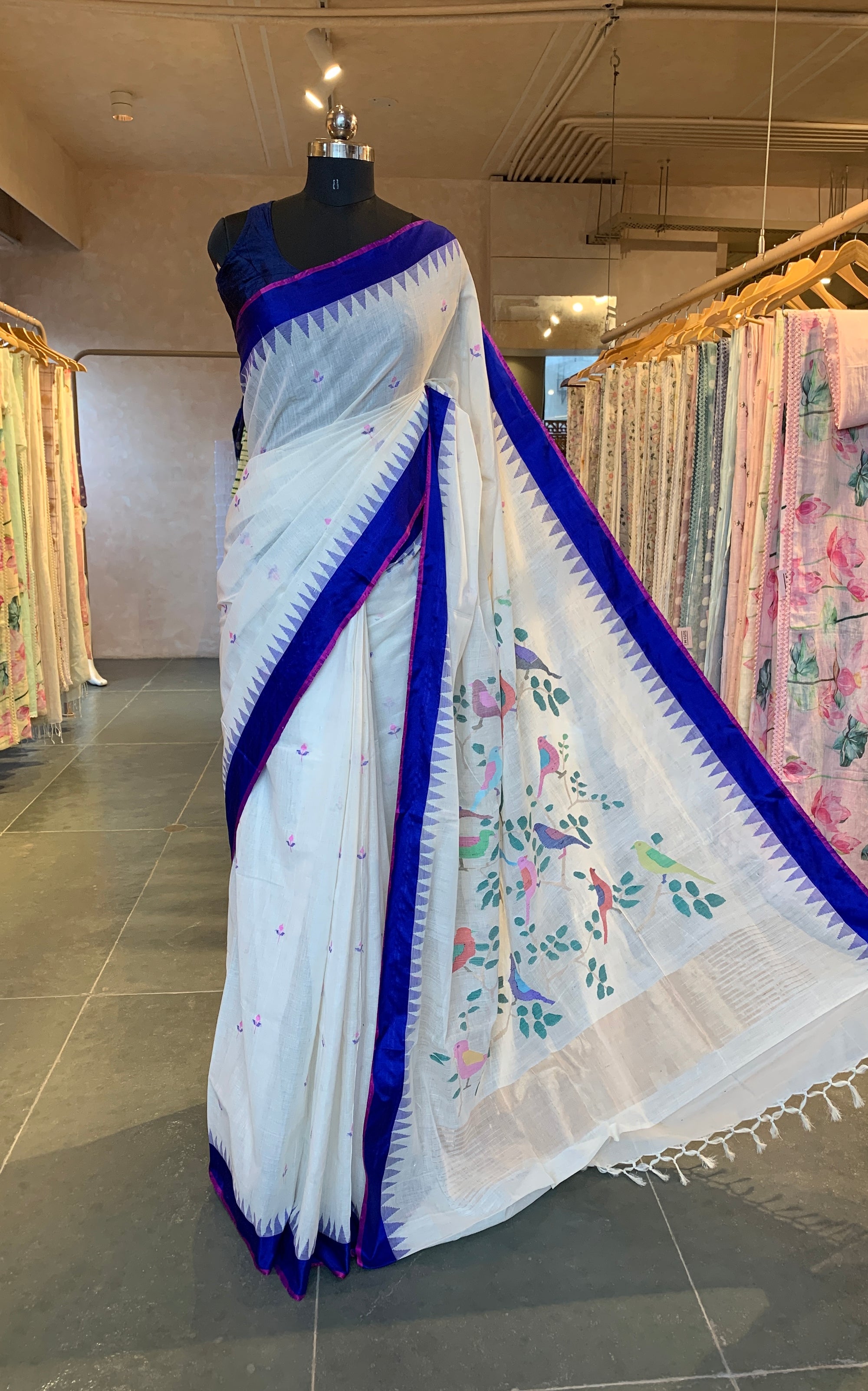 Ivory Ponduru Khadi Saree with Royal Blue Temple Border & Jamdani Bird Pallu