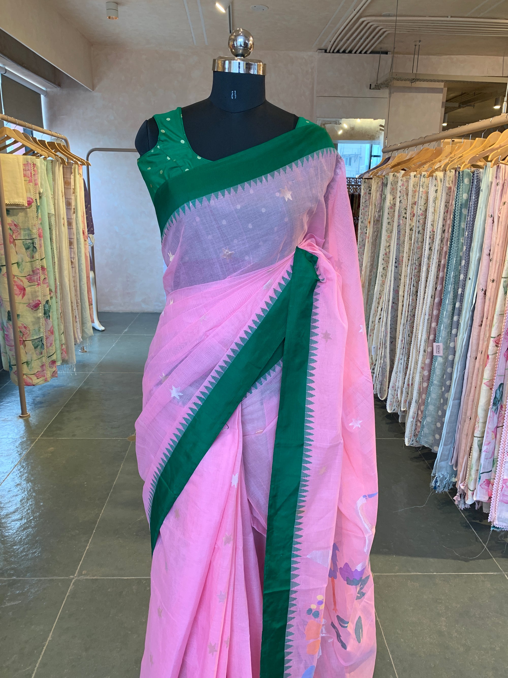 Baby Pink Ponduru Khadi Saree with Silk Temple Border & Jamdani Duck Pallu
