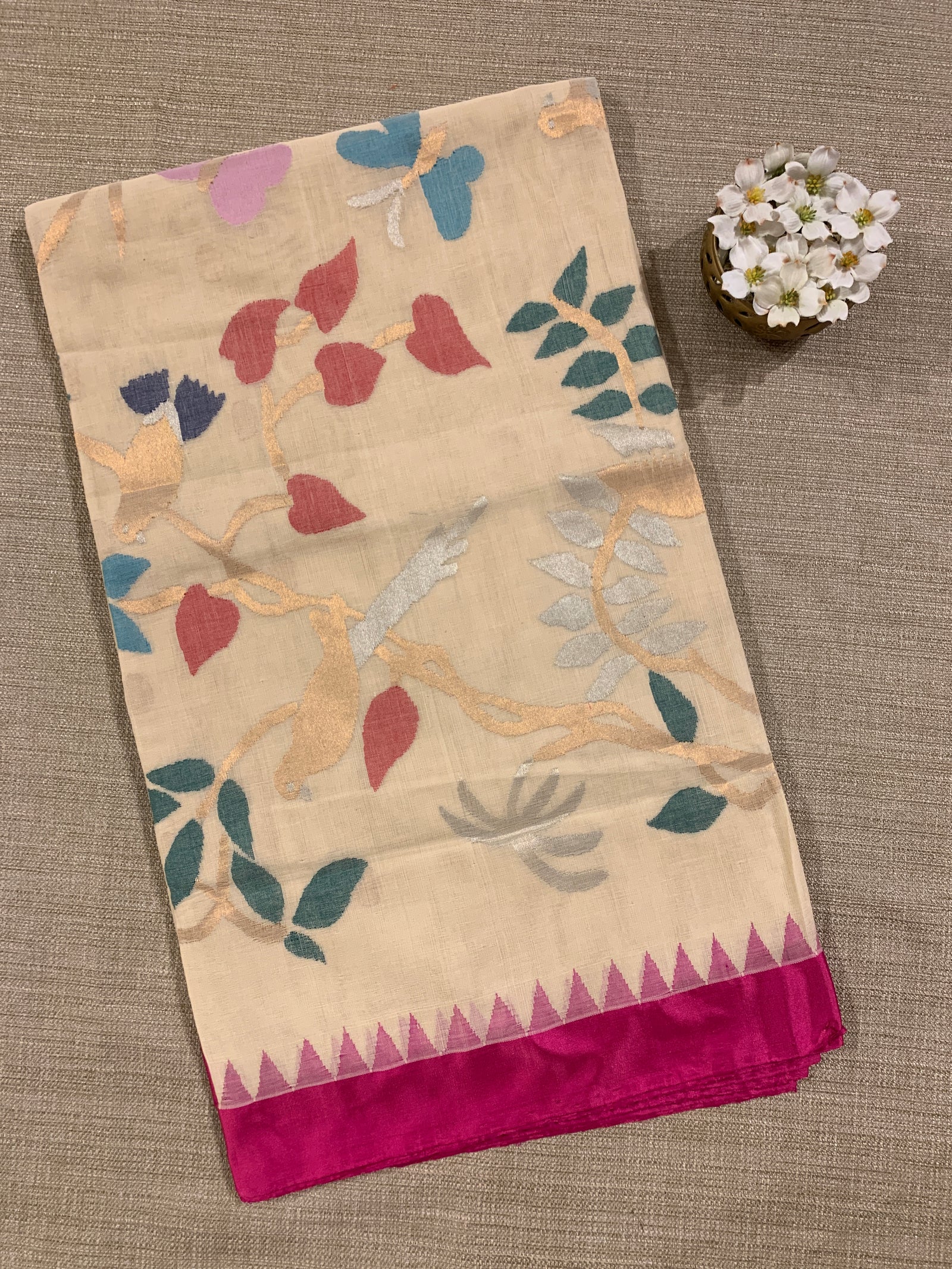Beige Ponduru Khadi Saree with Rani Pink Temple Silk Border & Jamdani Bird Pallu