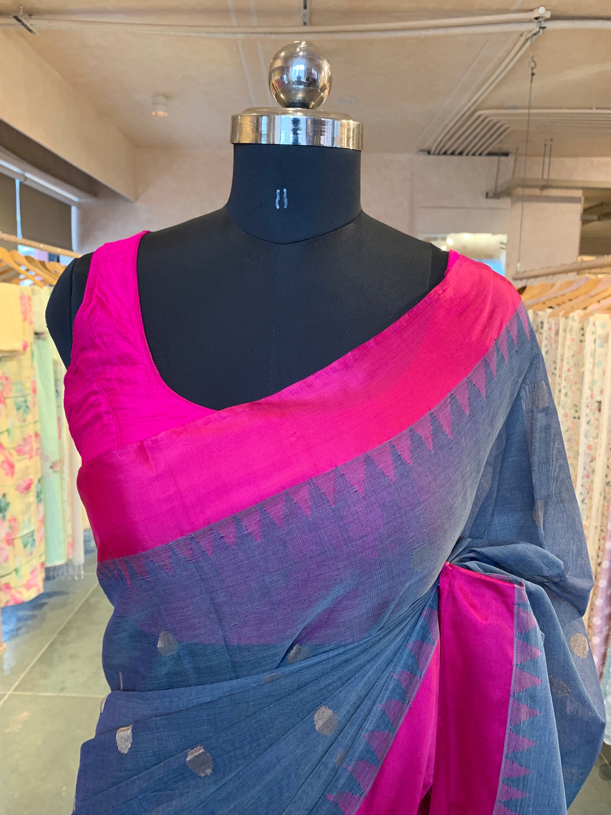 Grey Ponduru Khadi Saree with Pink Silk Temple Border & Jamdani Pallu