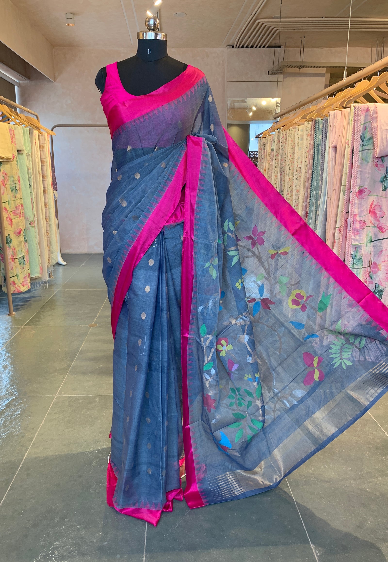 Grey Ponduru Khadi Saree with Pink Silk Temple Border & Jamdani Pallu