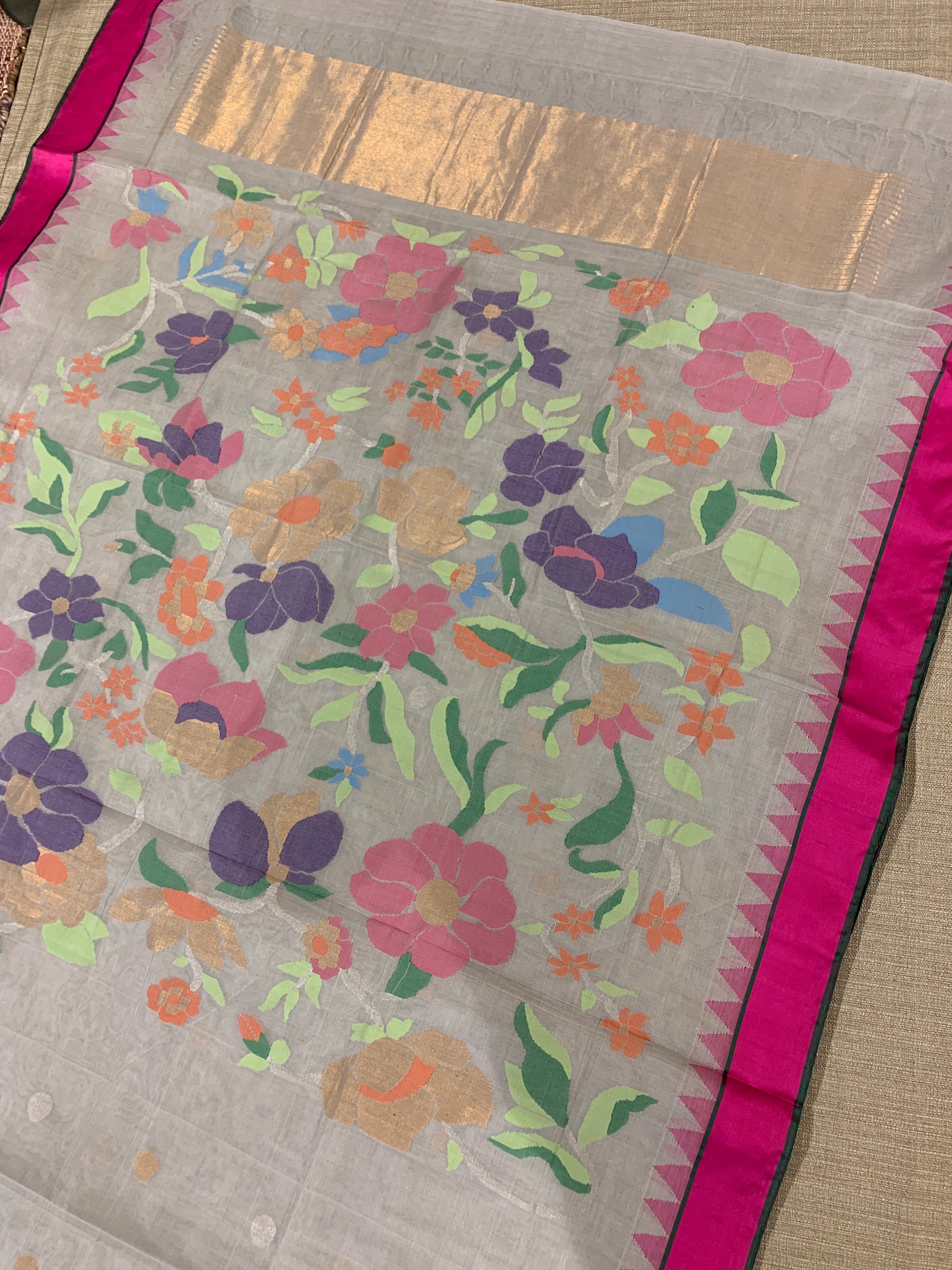 Light Grey Ponduru Khadi Saree with Dollar Buta, Rani Pink Temple Border & Jamda