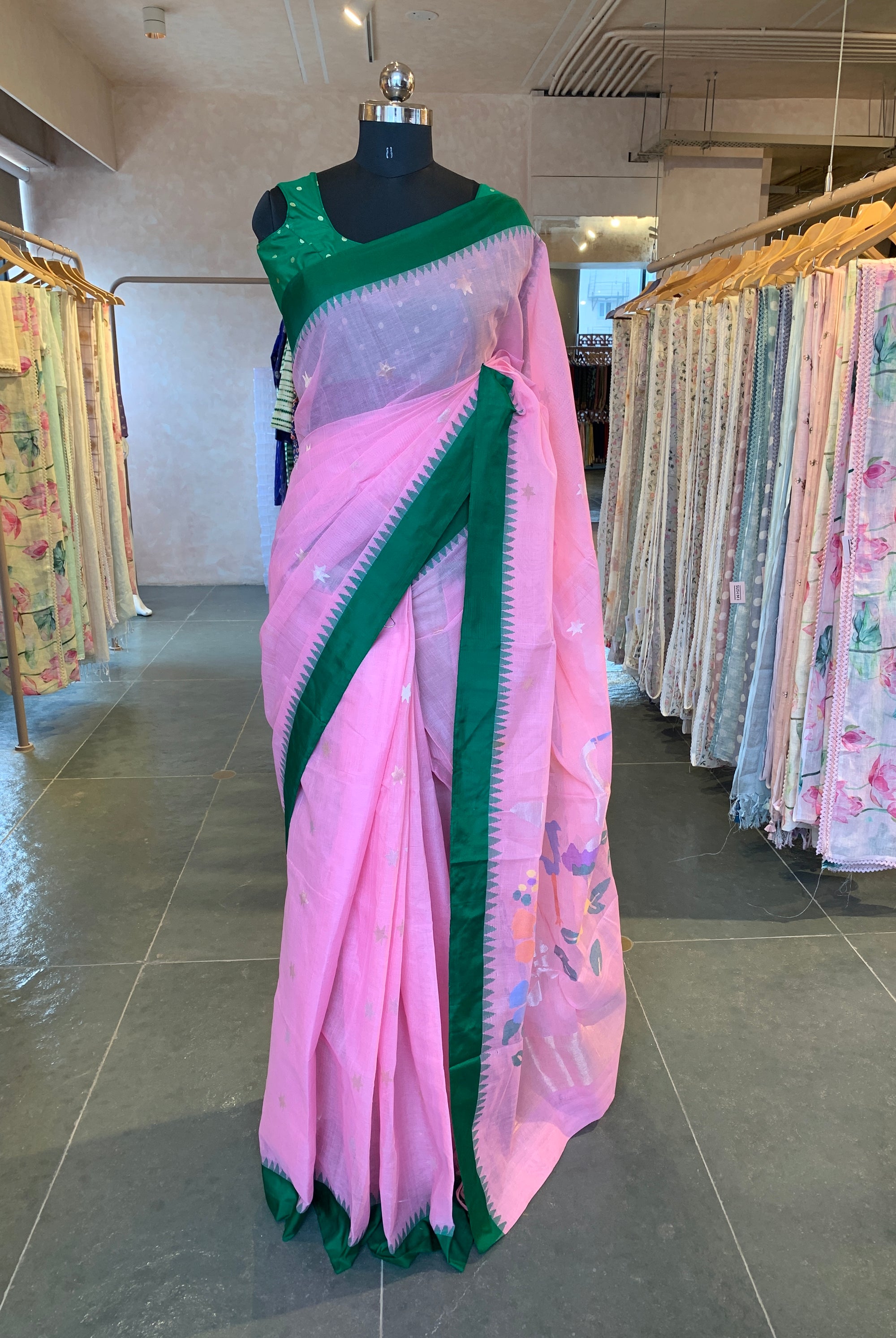 Baby Pink Ponduru Khadi Saree with Silk Temple Border & Jamdani Duck Pallu