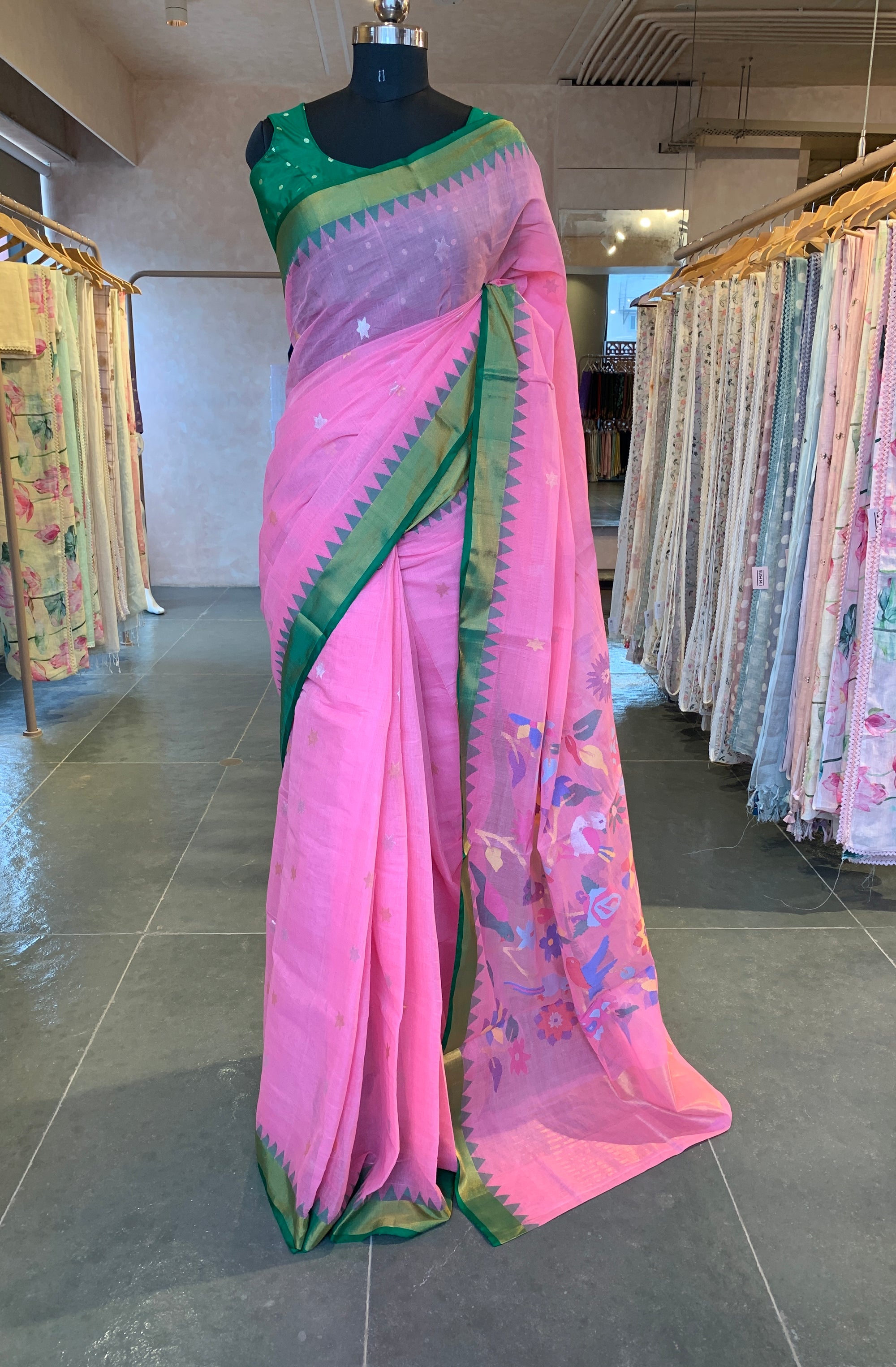 Handwoven Ponduru Khadi Saree in Blush Pink with Floral Accents and Green Border