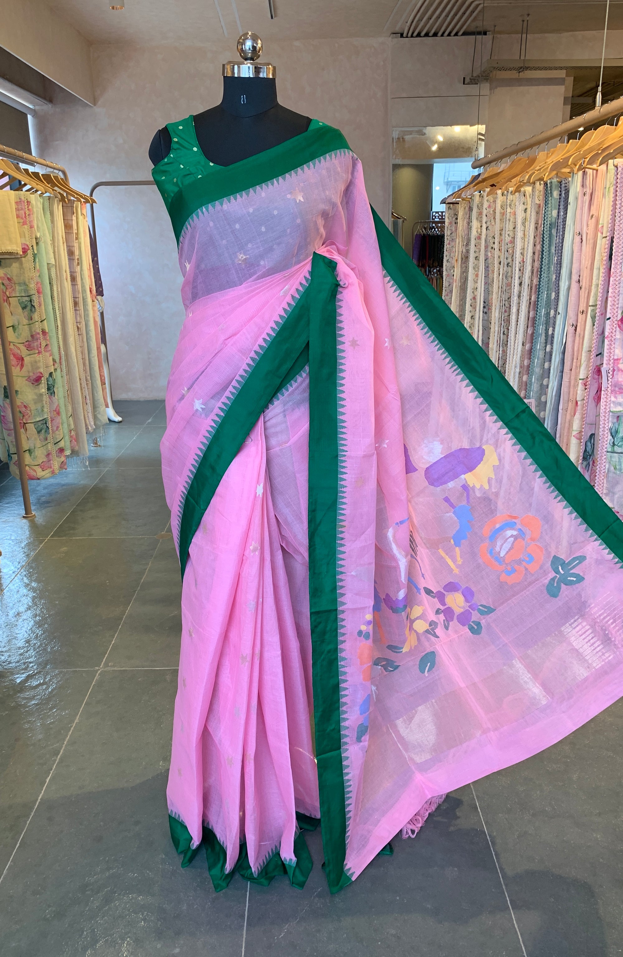 Baby Pink Ponduru Khadi Saree with Silk Temple Border & Jamdani Duck Pallu