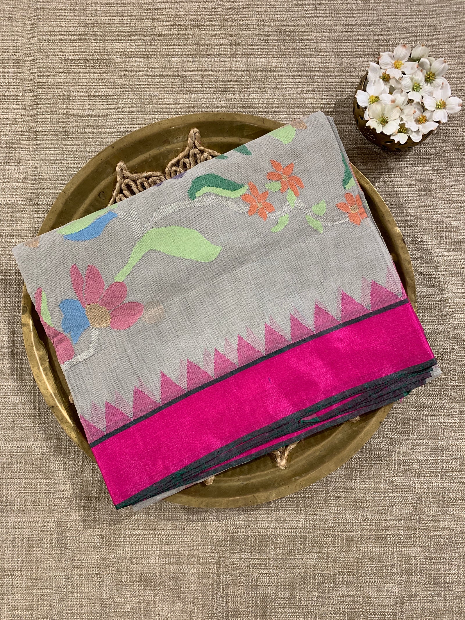 Light Grey Ponduru Khadi Saree with Dollar Buta, Rani Pink Temple Border & Jamda