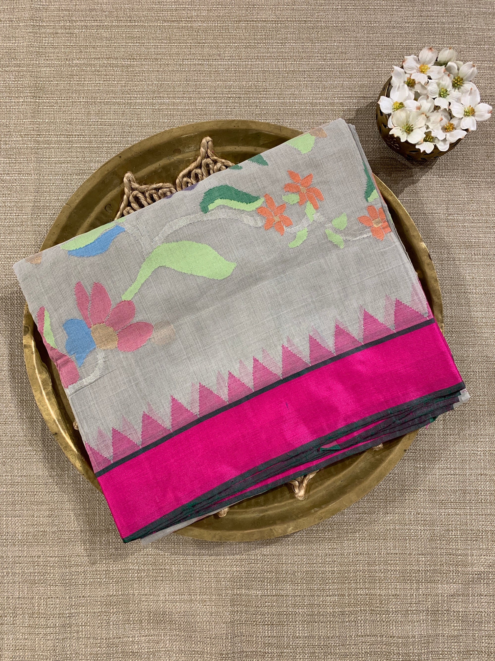 Light Grey Ponduru Khadi Saree with Dollar Buta, Rani Pink Temple Border & Jamda