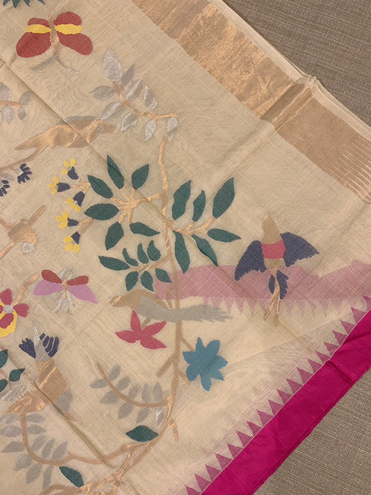 Beige Ponduru Khadi Saree with Rani Pink Temple Silk Border & Jamdani Bird Pallu