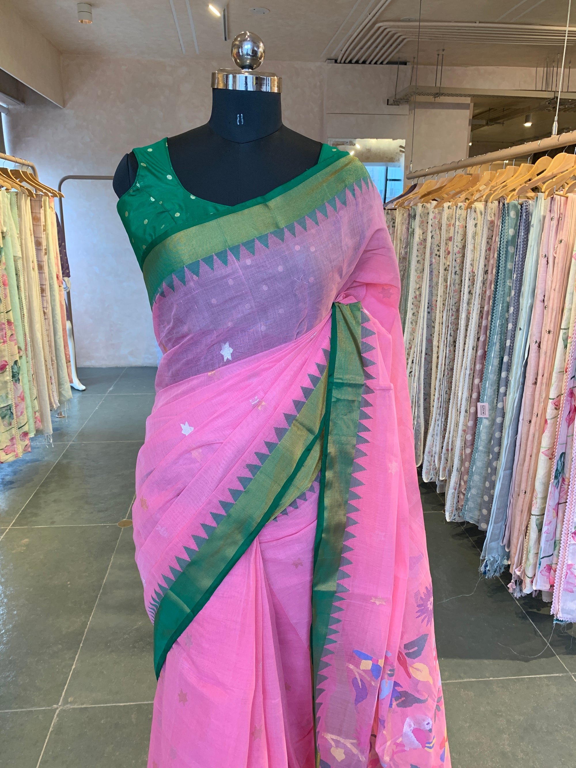 Handwoven Ponduru Khadi Saree in Blush Pink with Floral Accents and Green Border