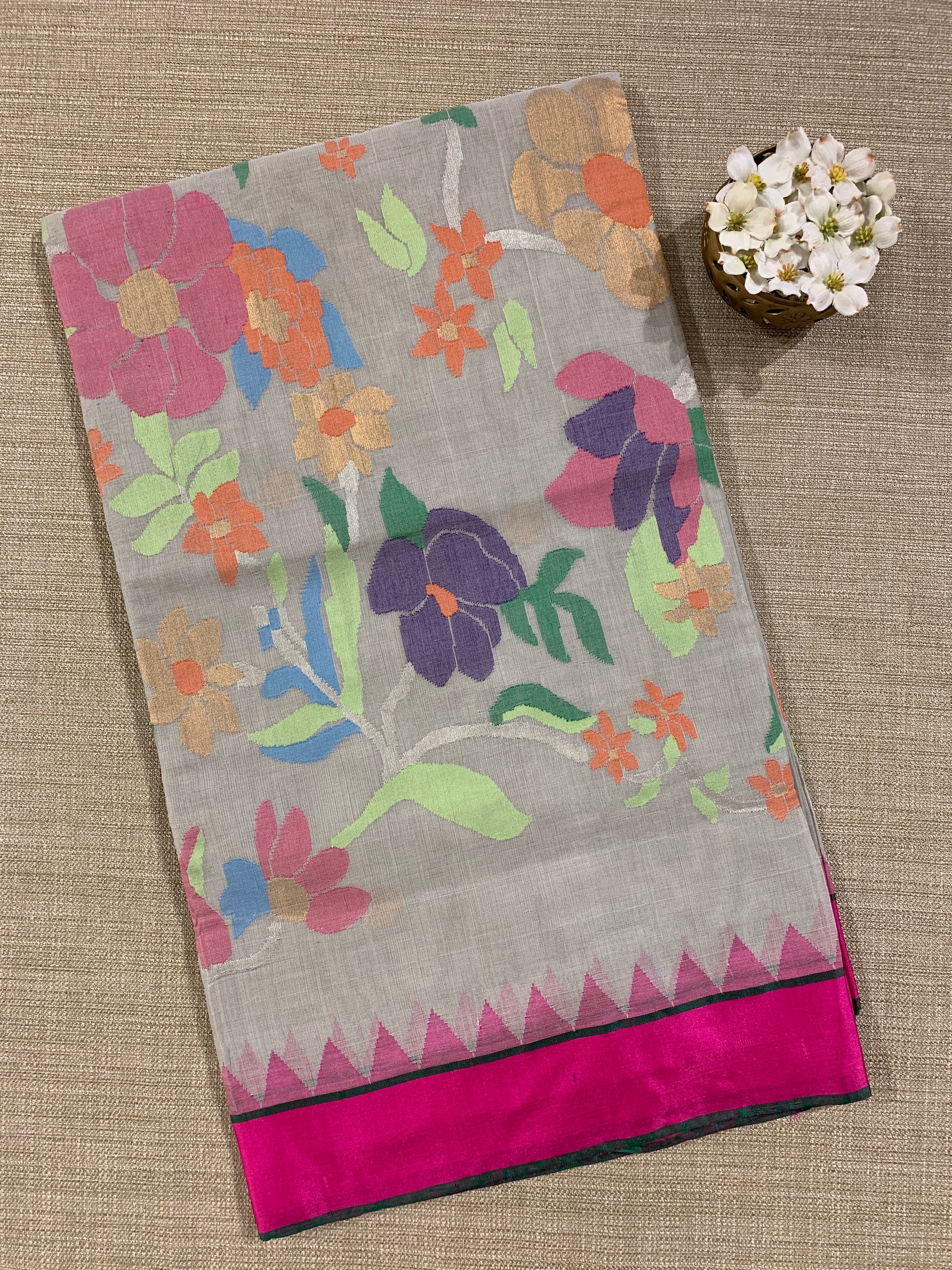Light Grey Ponduru Khadi Saree with Dollar Buta, Rani Pink Temple Border & Jamda