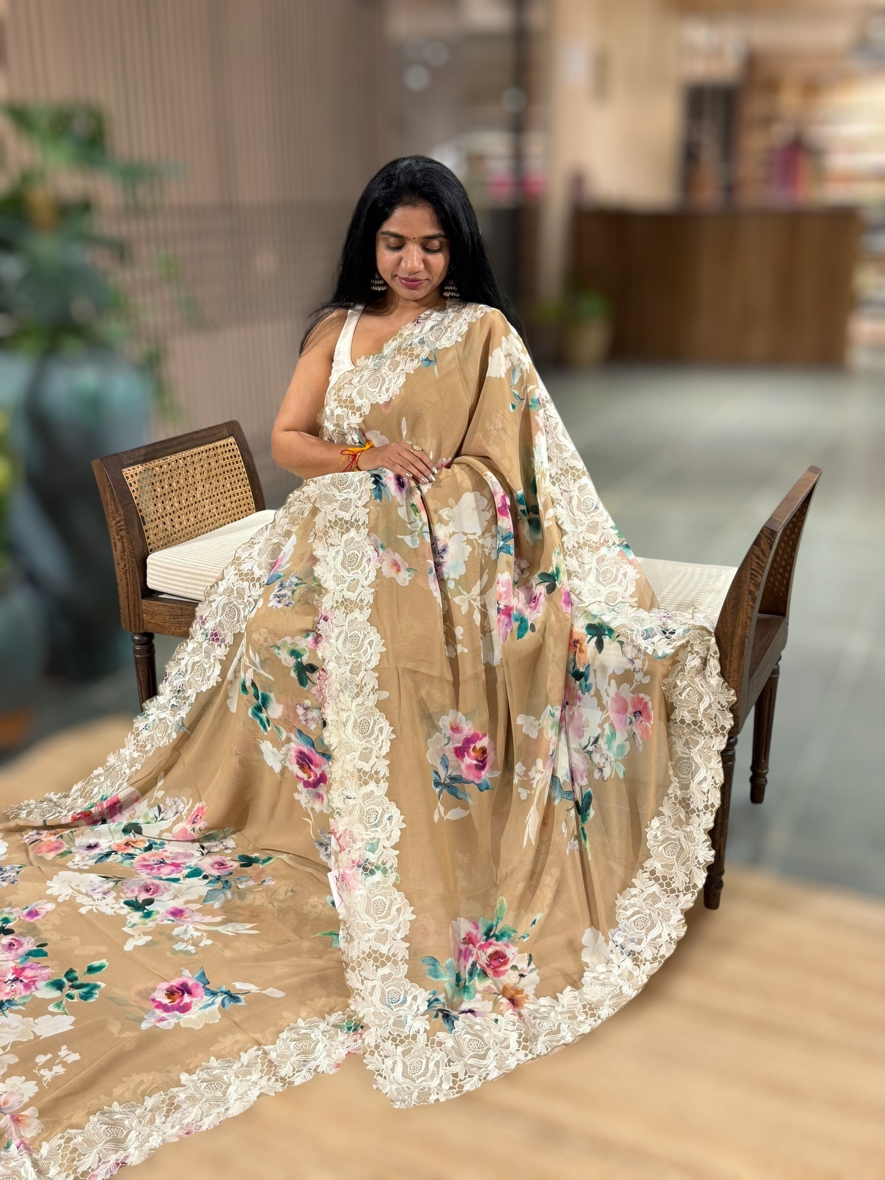Onion Pink Gorgette  Saree With Chatilly Lace Style Cutwork embroidered Border