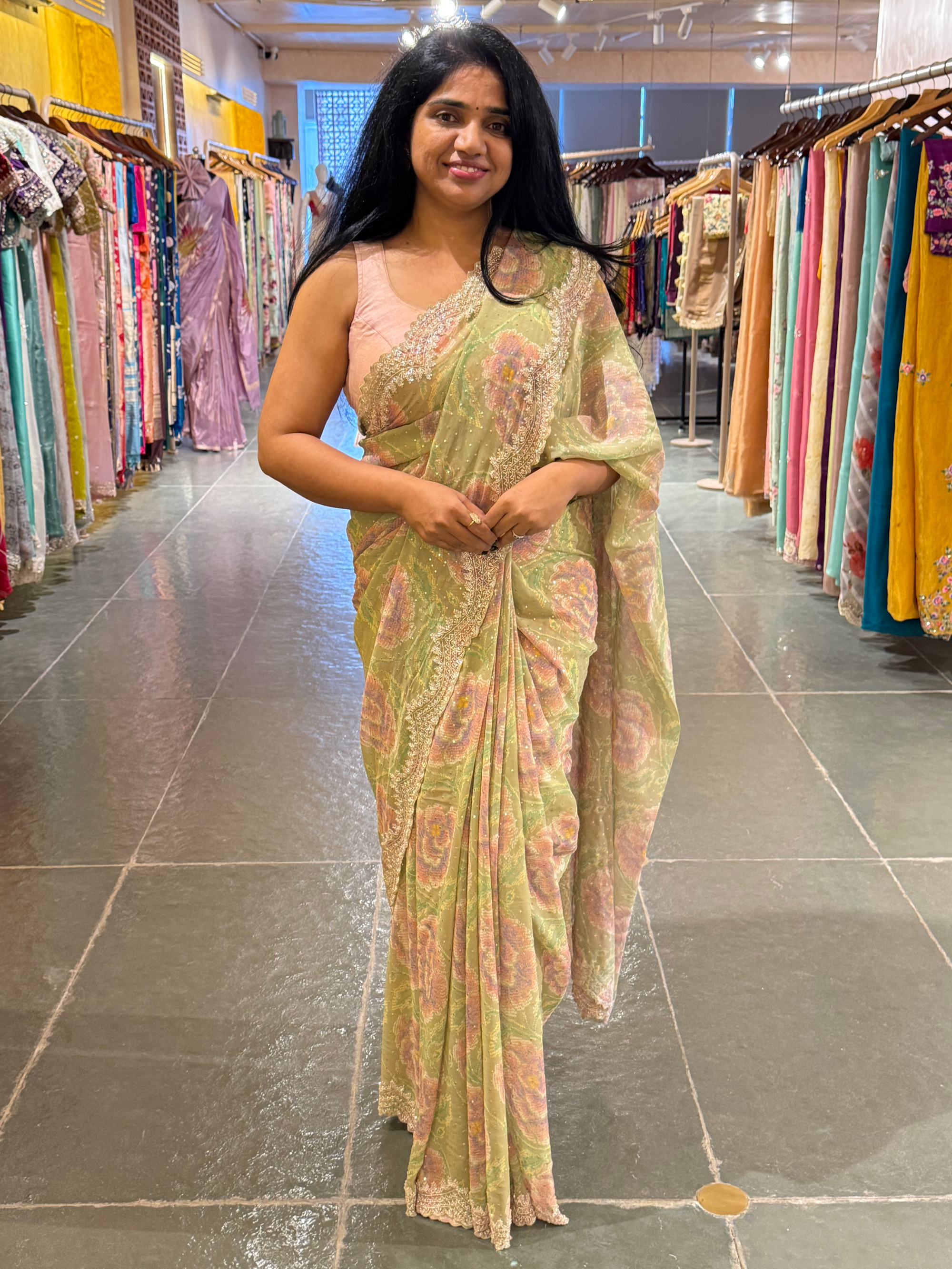 Pista Green Pure gorgette printed Saree with handwork