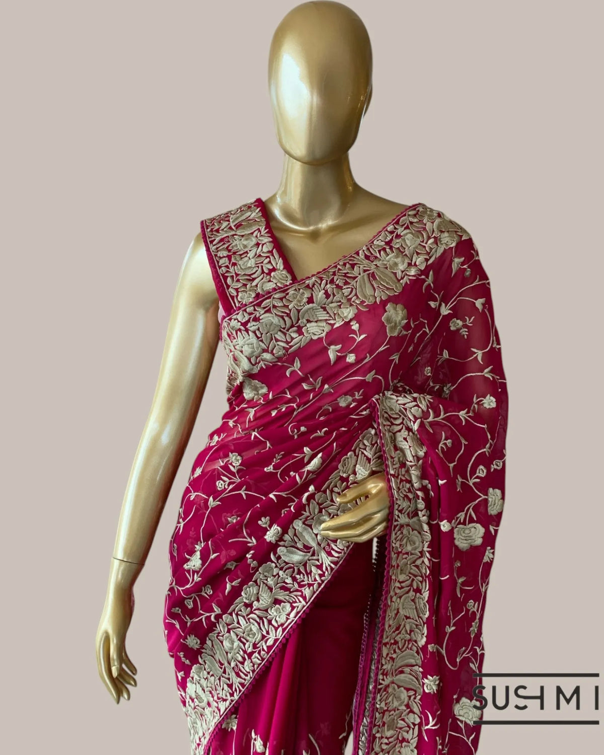 Ruby Red Pure Gorgette saree with parsi gara machine embroidery work allover   O