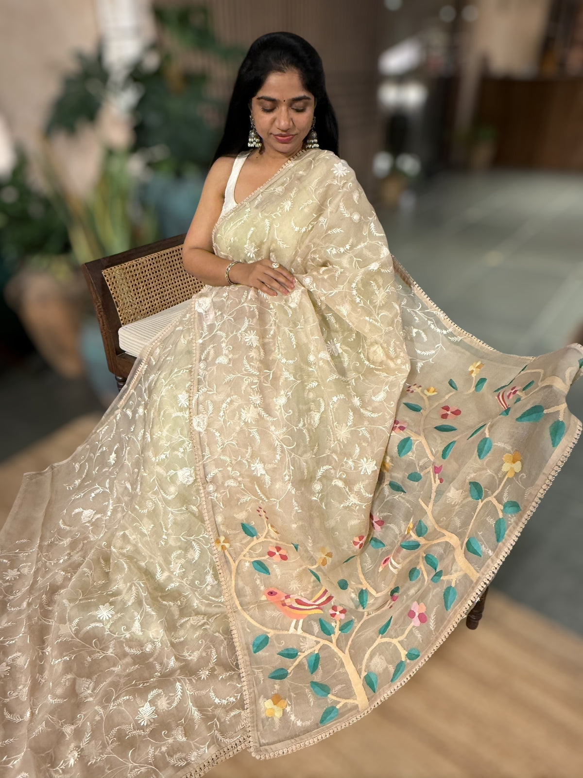 Beige Pure Handloom Muslin Saree with Allover chikankari & Jamdnai Pallus