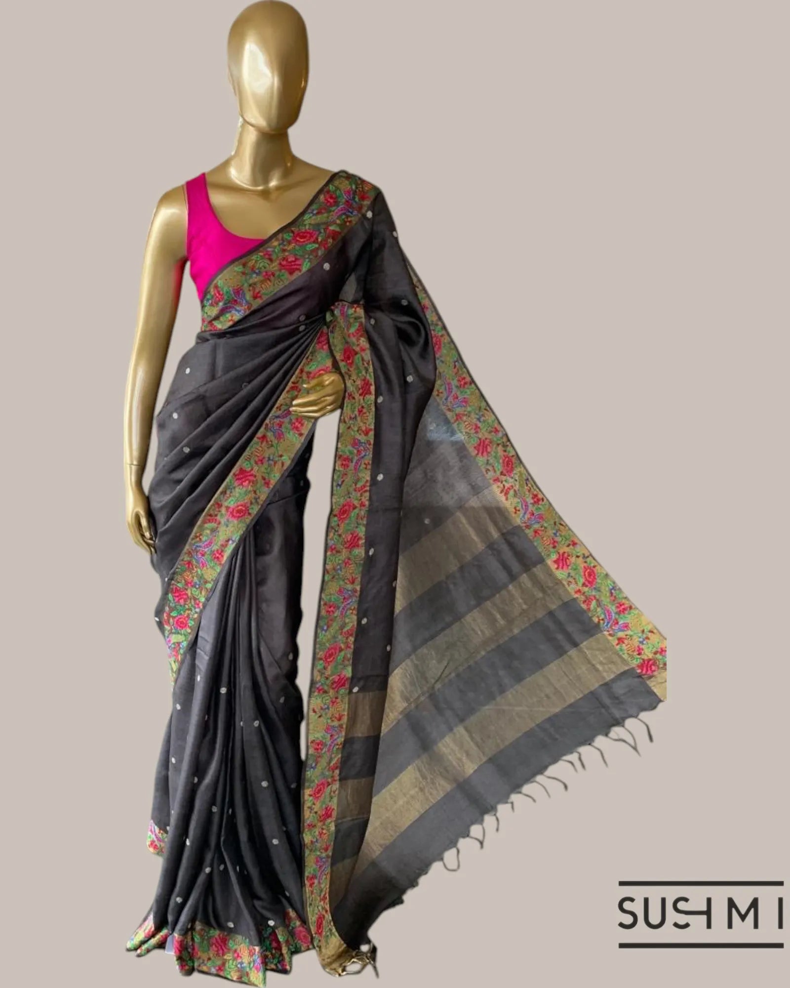 English Brown Pure Tussar Saree with allover golden zari buti and Petite Point