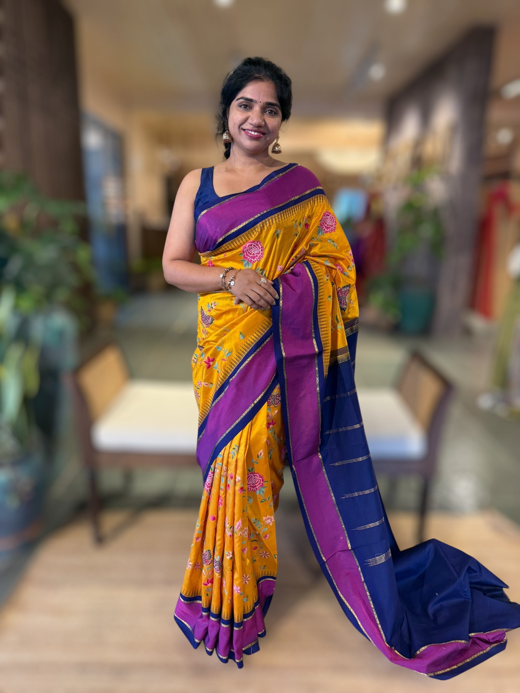 Kanchi Gap Border Saree With Allover Petite Point Embroidery