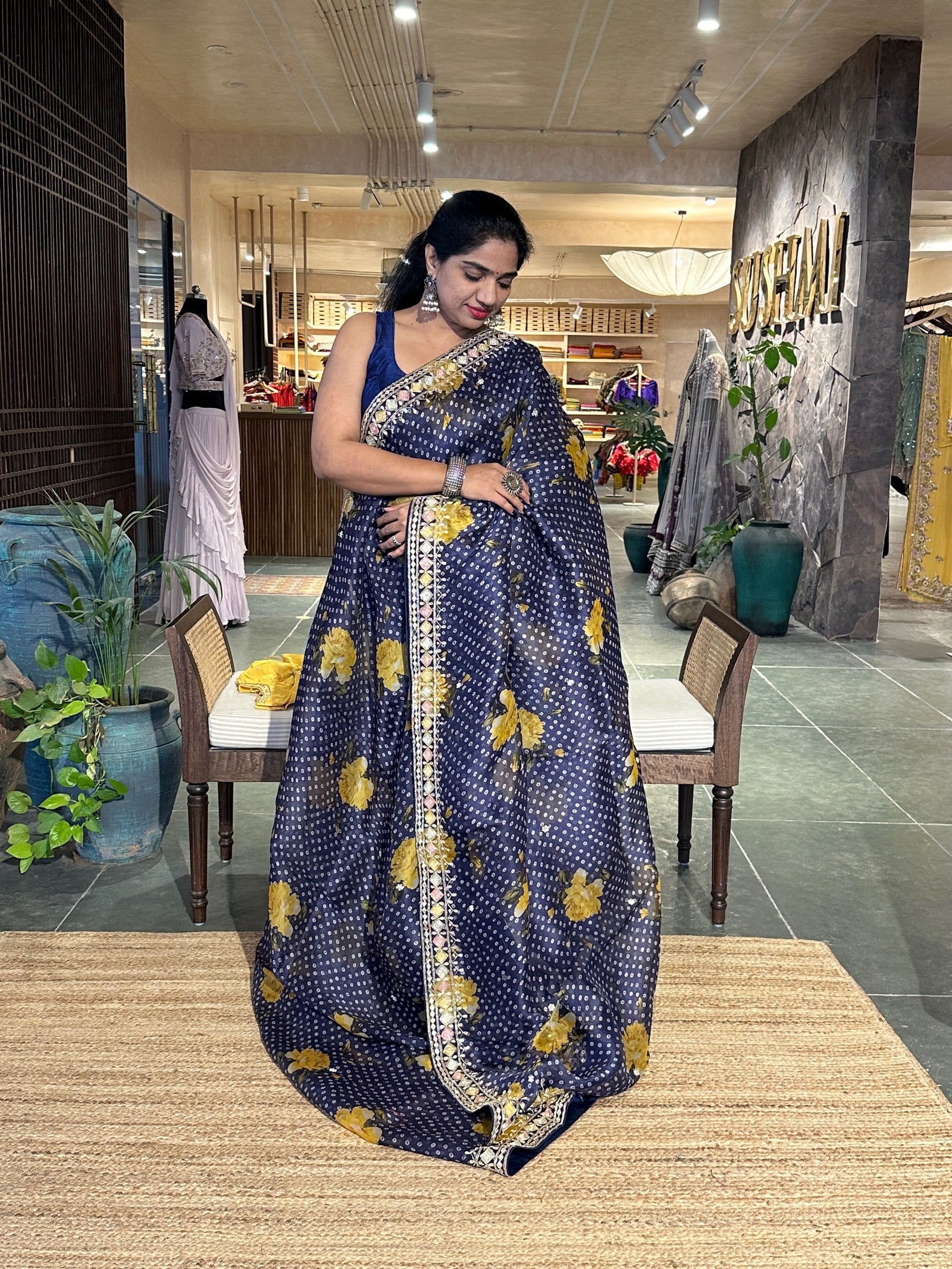 Midnight Blue Floral Organza Silk Saree
