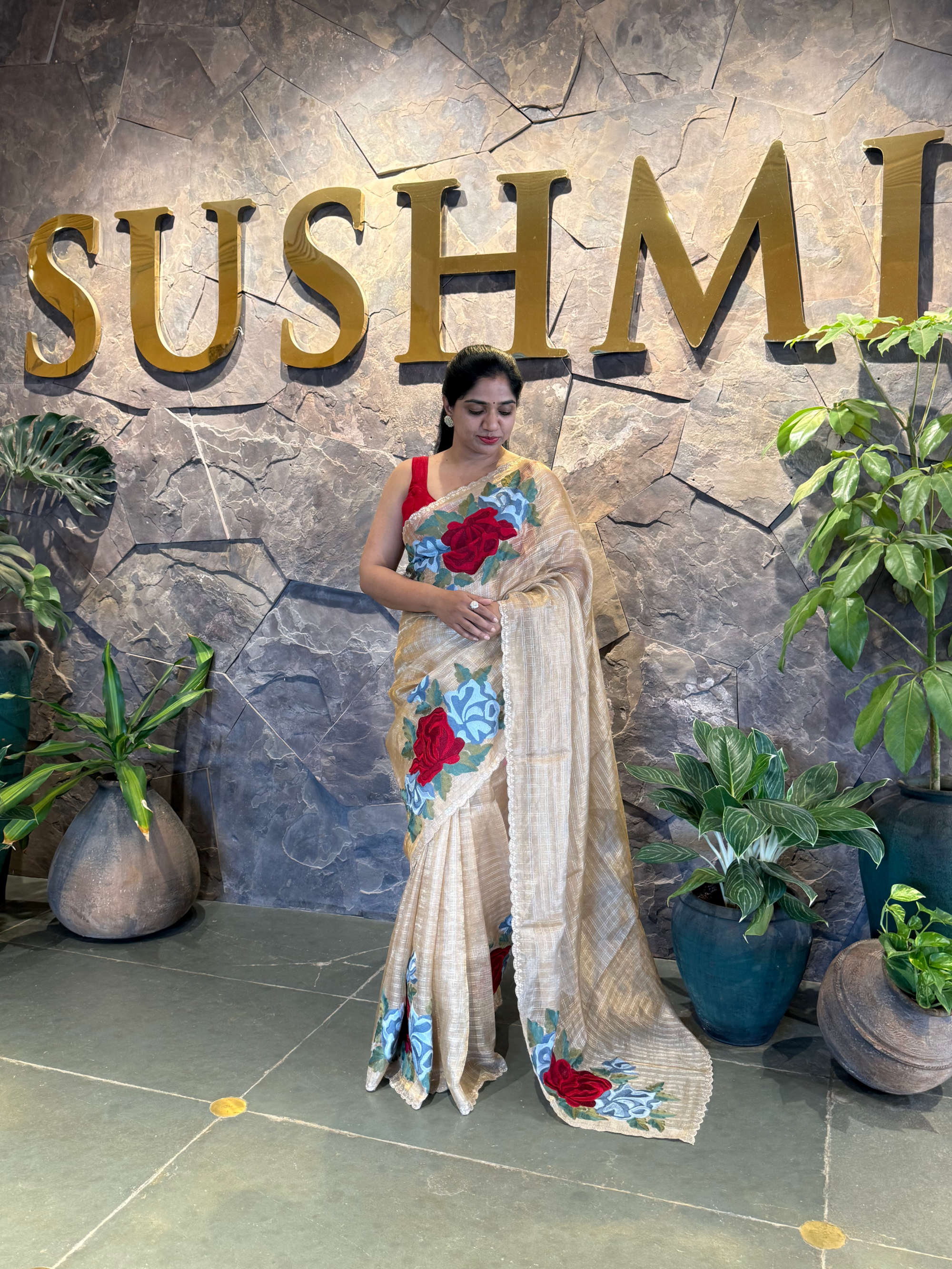 Gold Banarasi Tissue Saree with Silver Checks & Big Statement Floral Embroidery