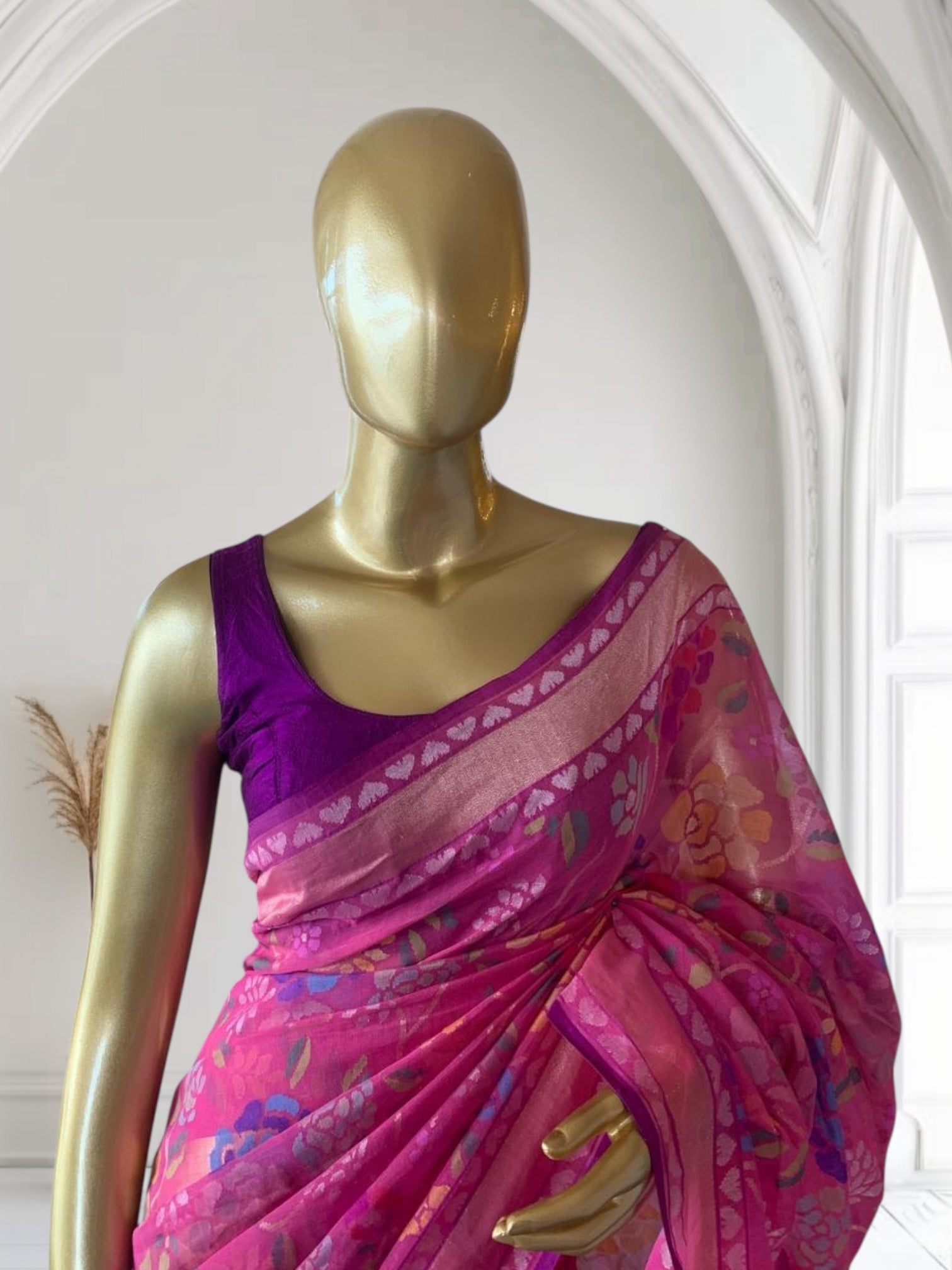 Pink Real Zari Jamdani Saree