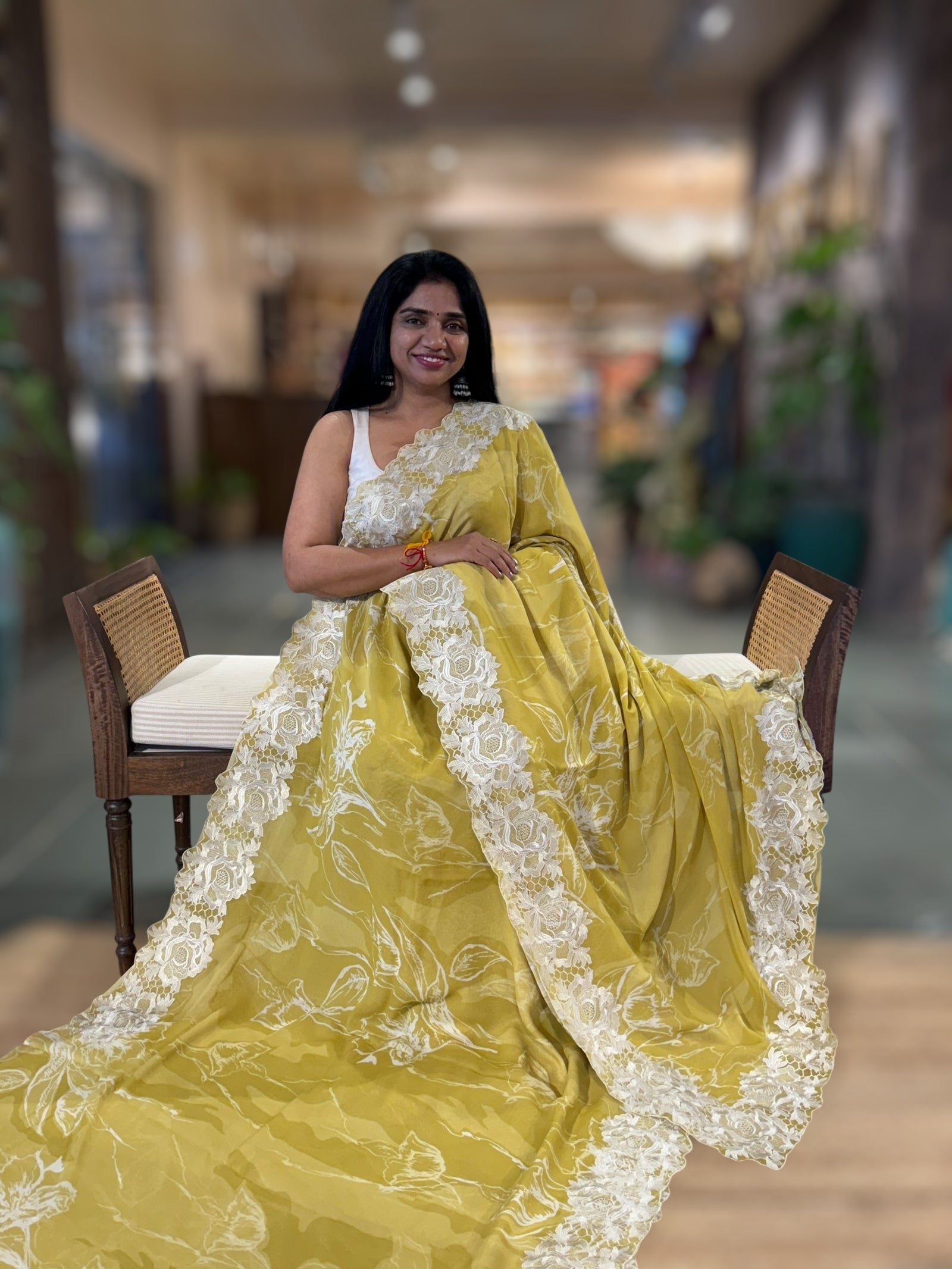 Lemon Gorgette Printed Saree With Chatilly Lace Style Cutwork embroidered Border