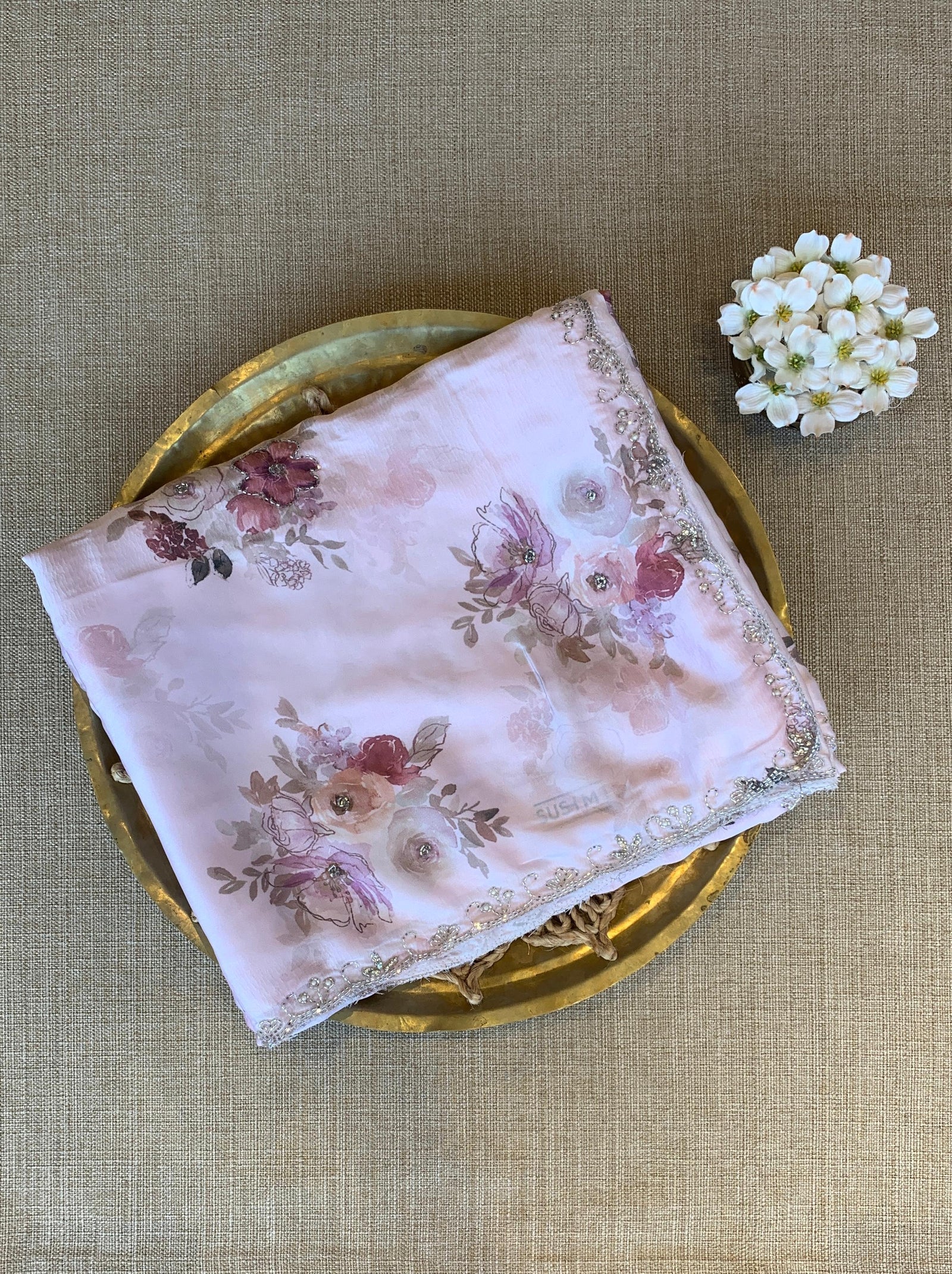 Lilac Pink Pure Chinnon Satin Crepe Saree with Floral Print& Handwork Borders
