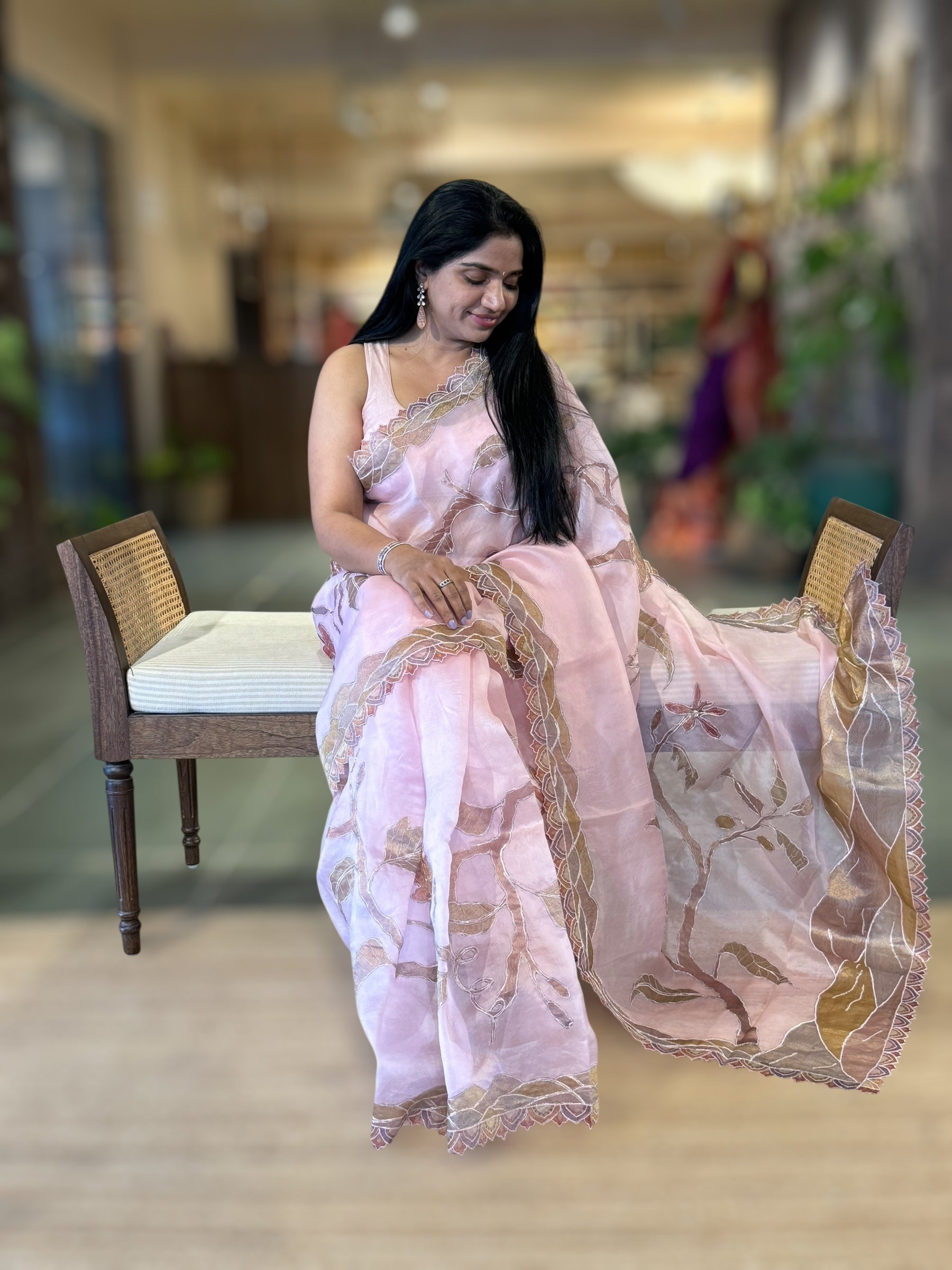 Rose Pink Pure Organza Saree with one of a kind Tissue Applique work allover