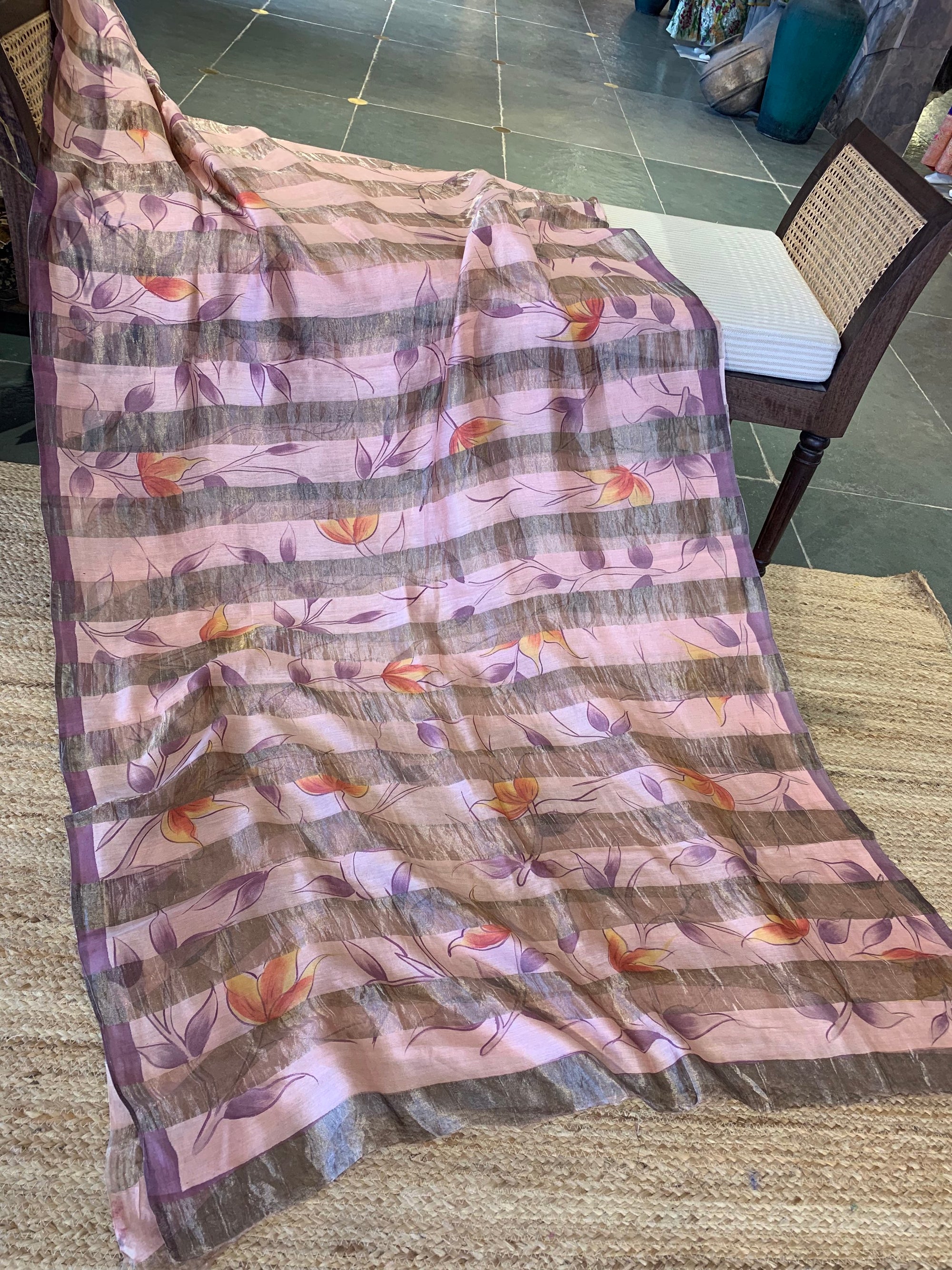 Pure Handloom Banarasi Munga Tissue  Saree with handpainting