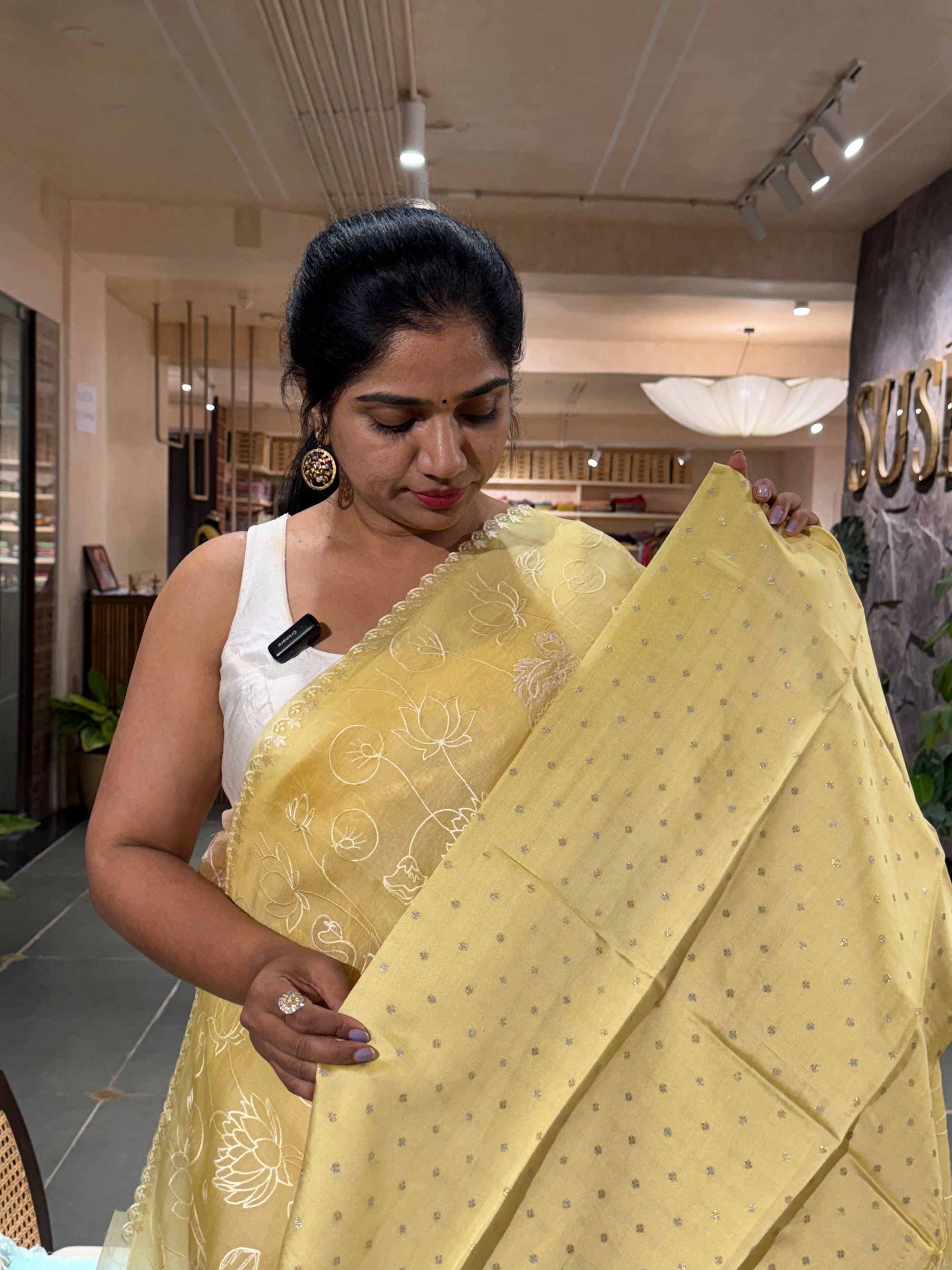SOAA1607 : Pastel Yellow Organza Saree with Allover Pichwai Applique Embroidery