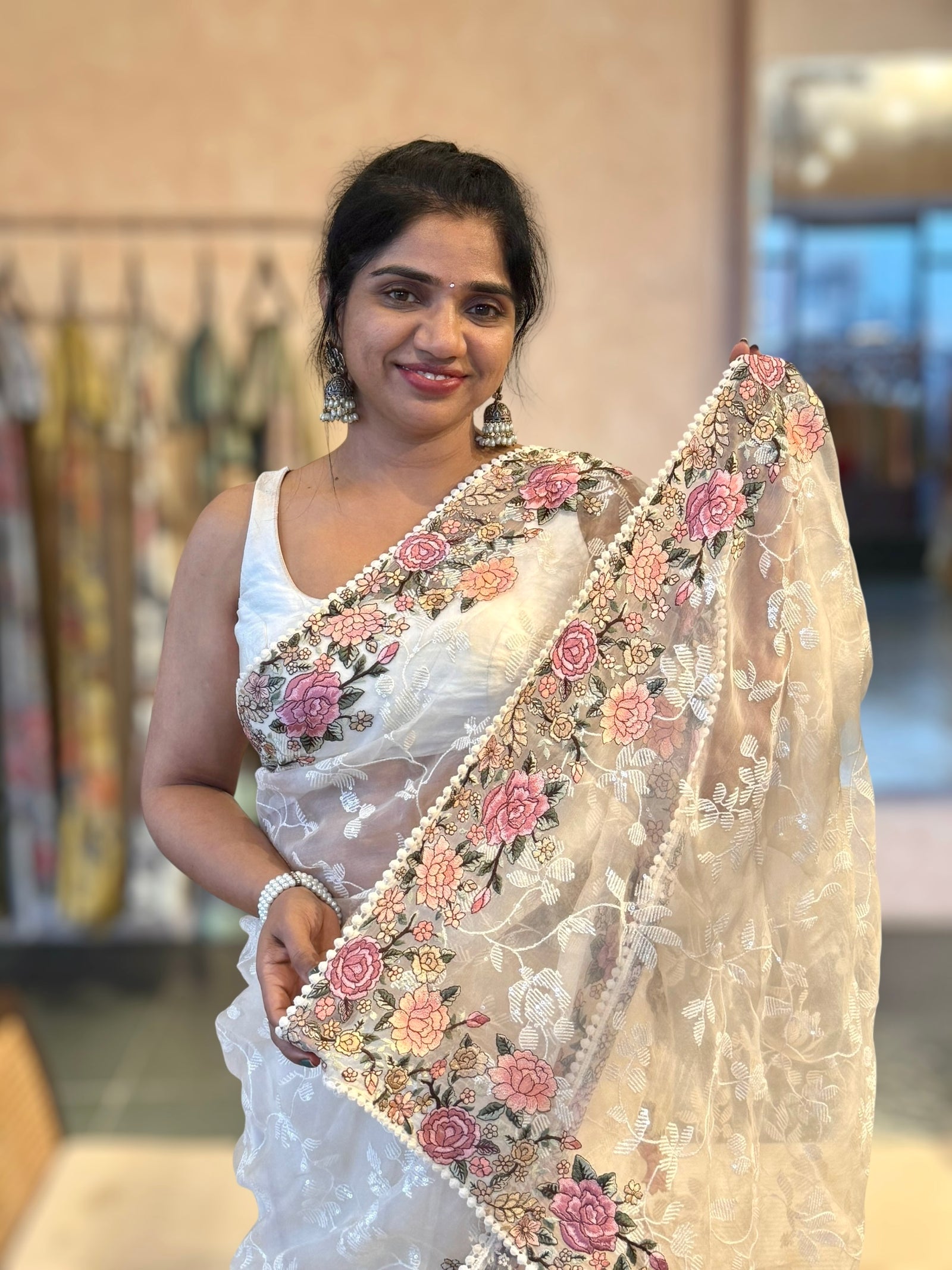 Ivory Organza Saree with Allover Floral Sequence Work & Parsi Embroidered Border