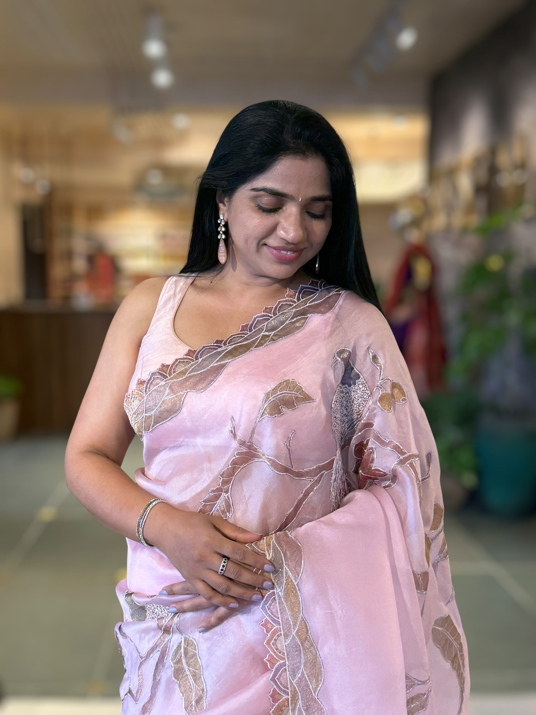 Rose Pink Pure Organza Saree with one of a kind Tissue Applique work allover