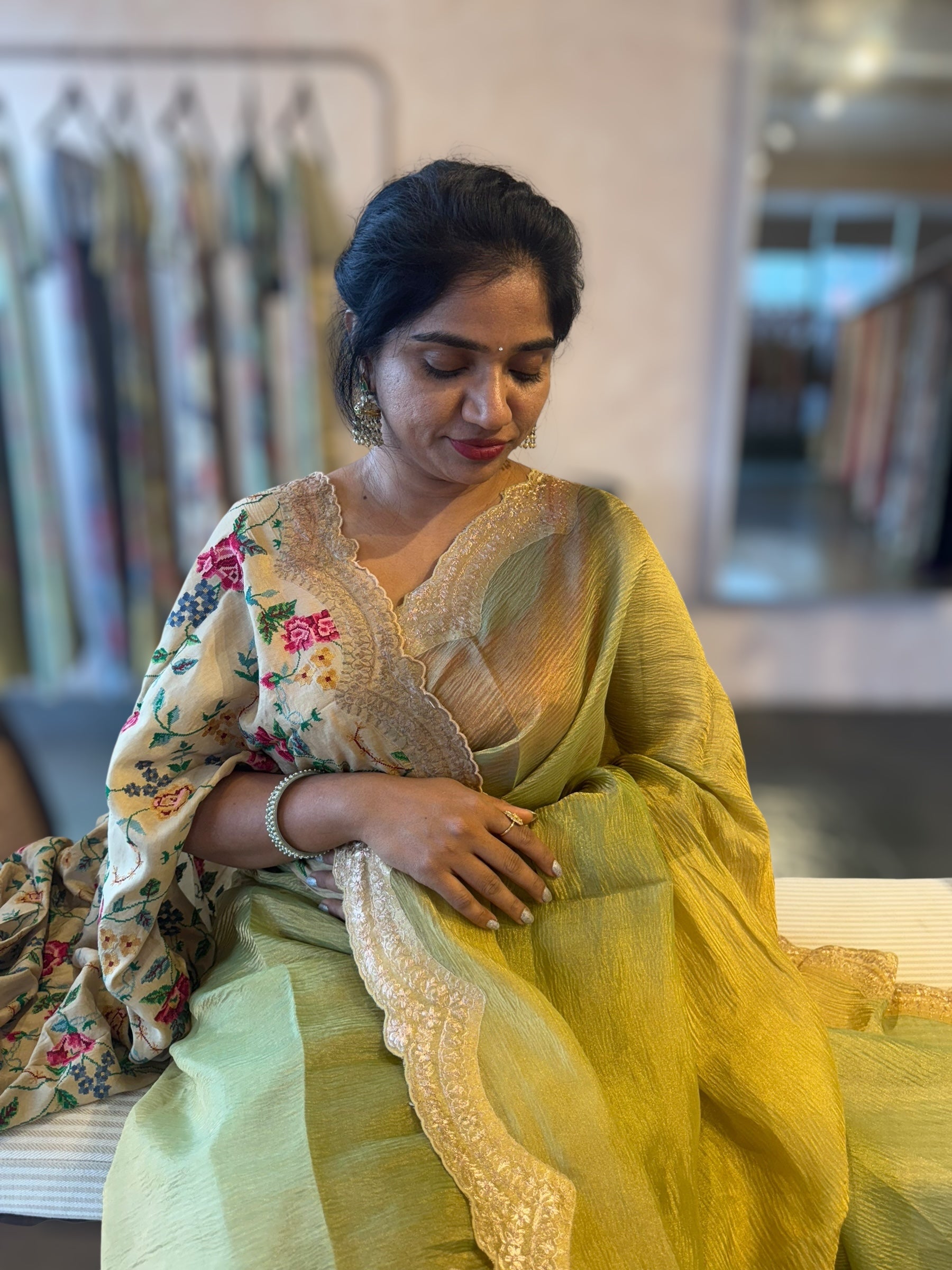 Ombre Dyed Crush Tissue Saree With Pitawork Border & Petite Point Embroidered BP