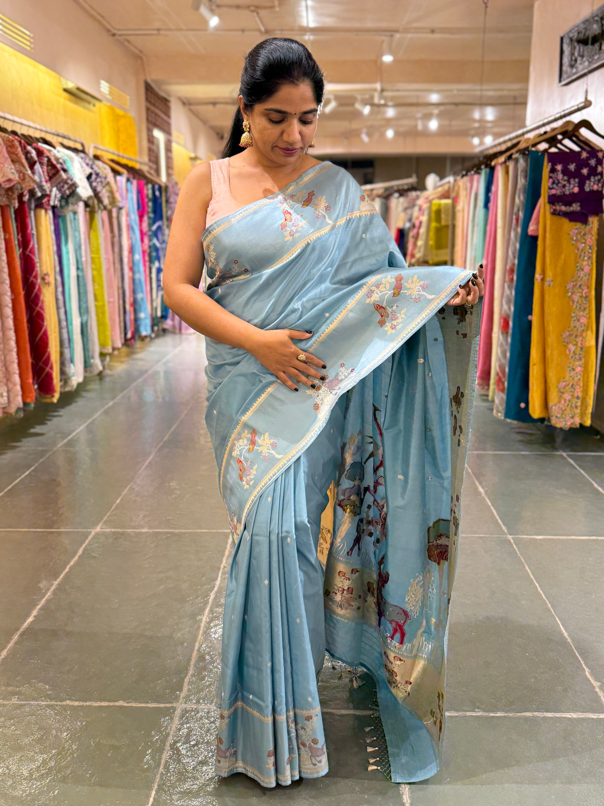 Dusty Blue Designer Banarasi Silk Saree