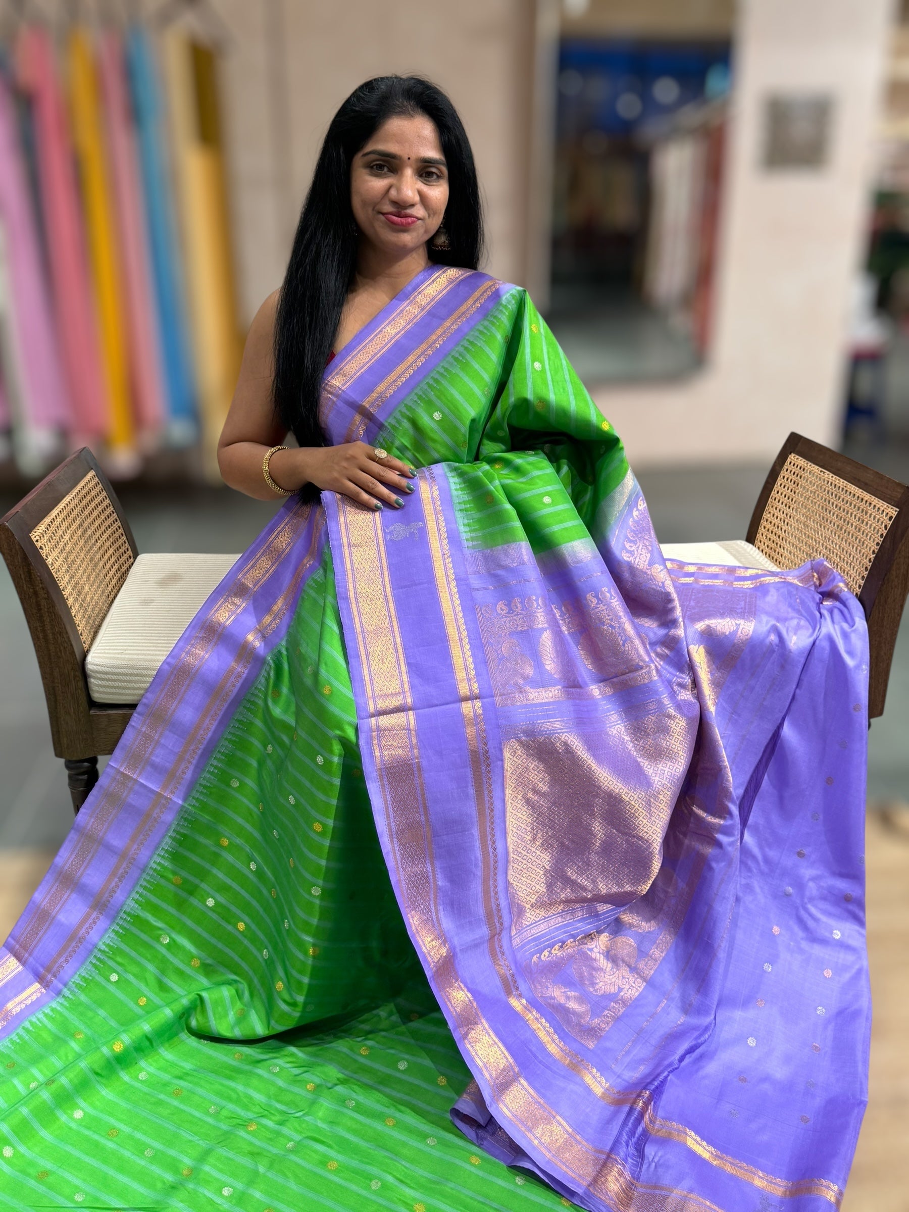 Parrot Green &Lilac Combo Gadwal Handloom Pure Silk Saree with Gap Borders