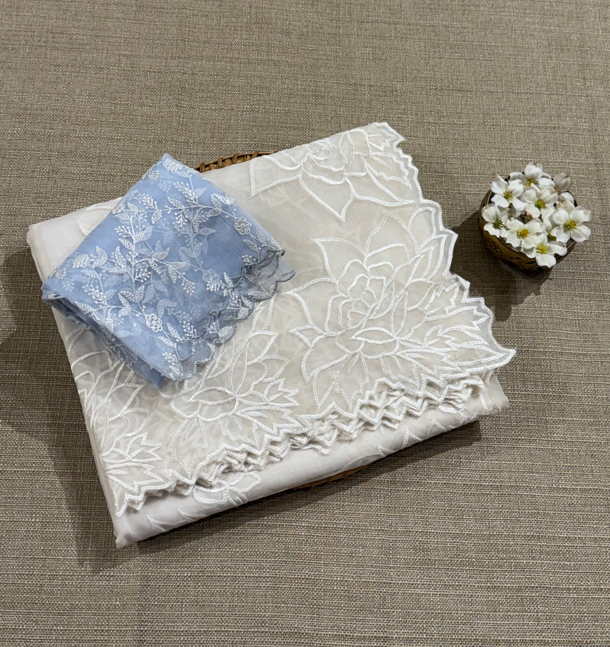 OROSEV1903 : White Organza Saree with Embroidered Rose Border