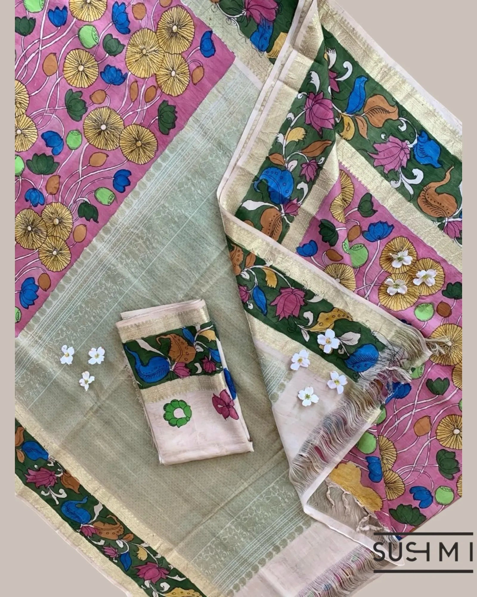 Pink Kanchi Pen kalamkari handpainted saree with heavy border