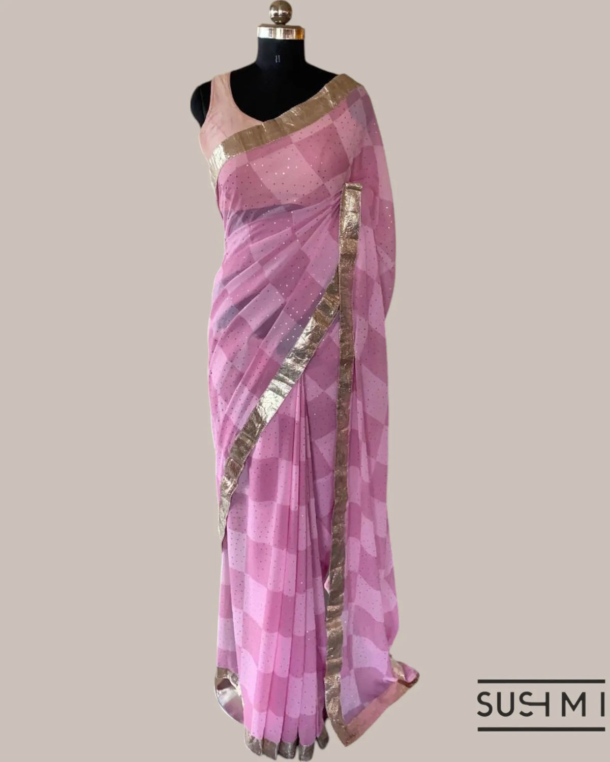 Pure Gorgette Saree in Checks Pattern , Allover Seuence &amp; Hemlined Wth Gota lace